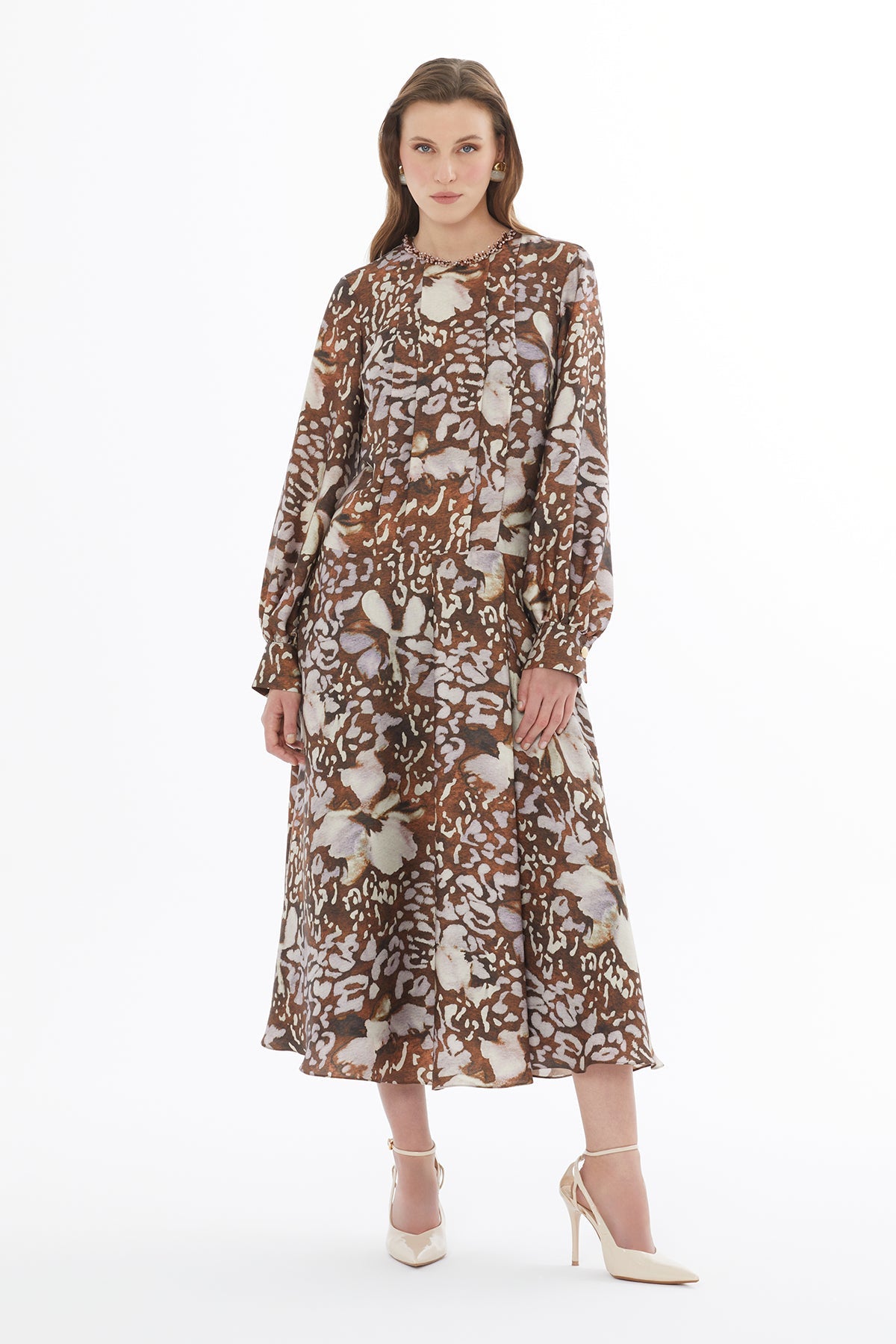 Printed Midi Dress with Beaded Collar