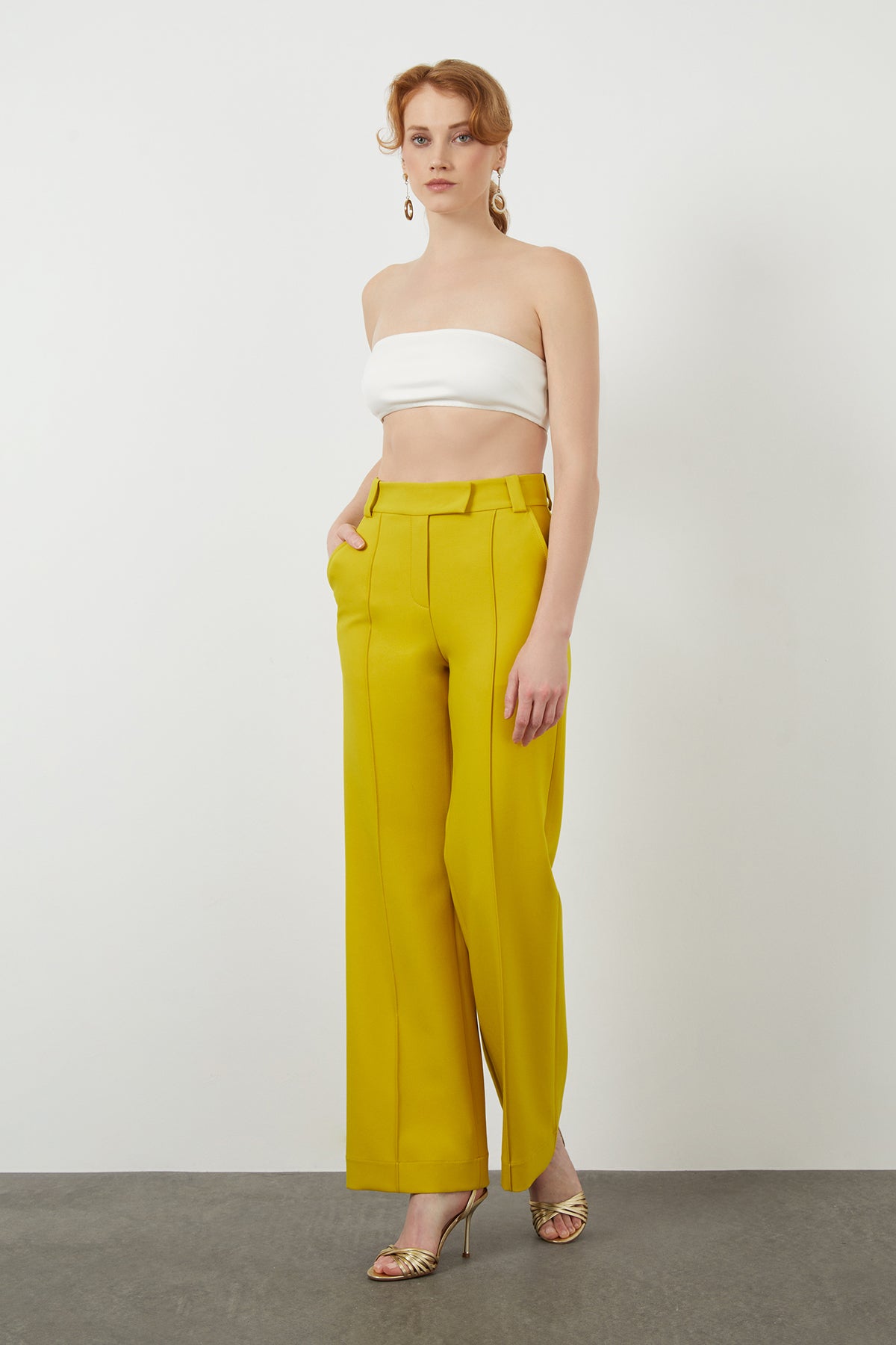 Yellow Wide-Leg Fabric Trousers