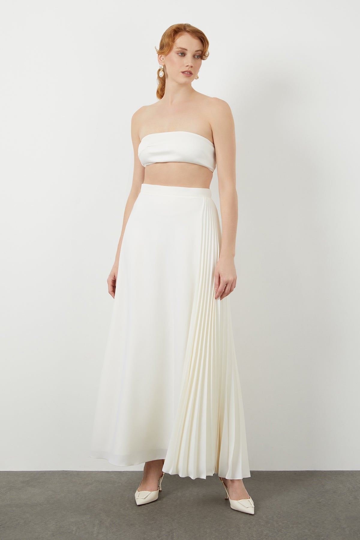 Ecru Pleat-Detail Maxi Skirt