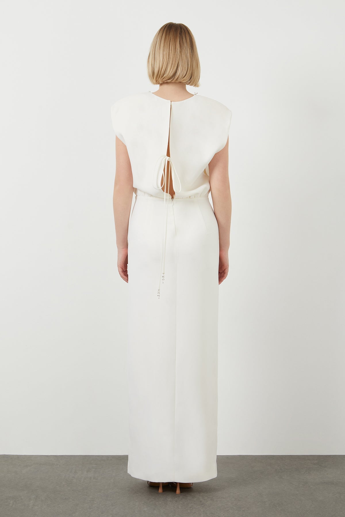 Ecru Embroidered-Collar Slit Maxi Dress