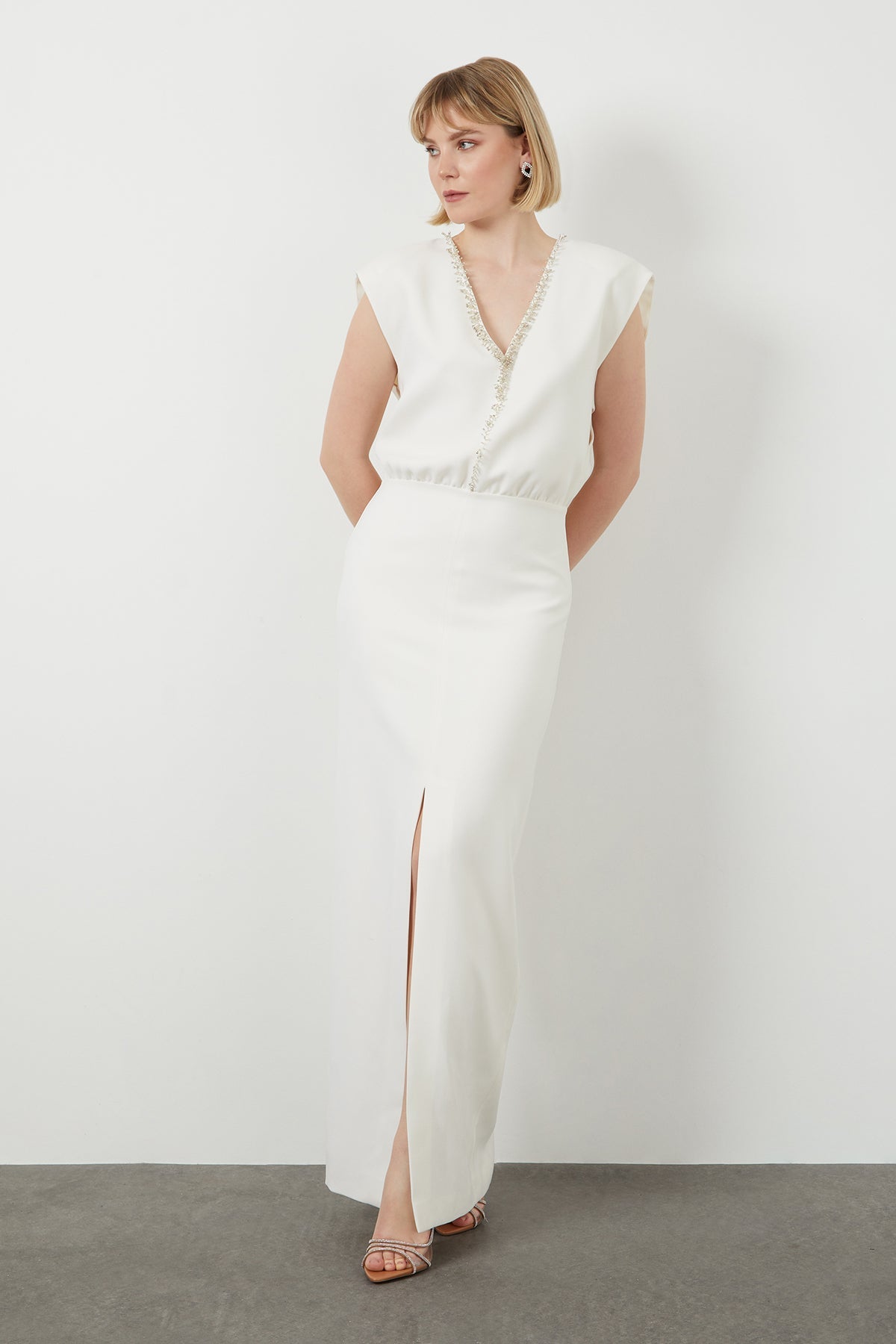 Ecru Embroidered-Collar Slit Maxi Dress