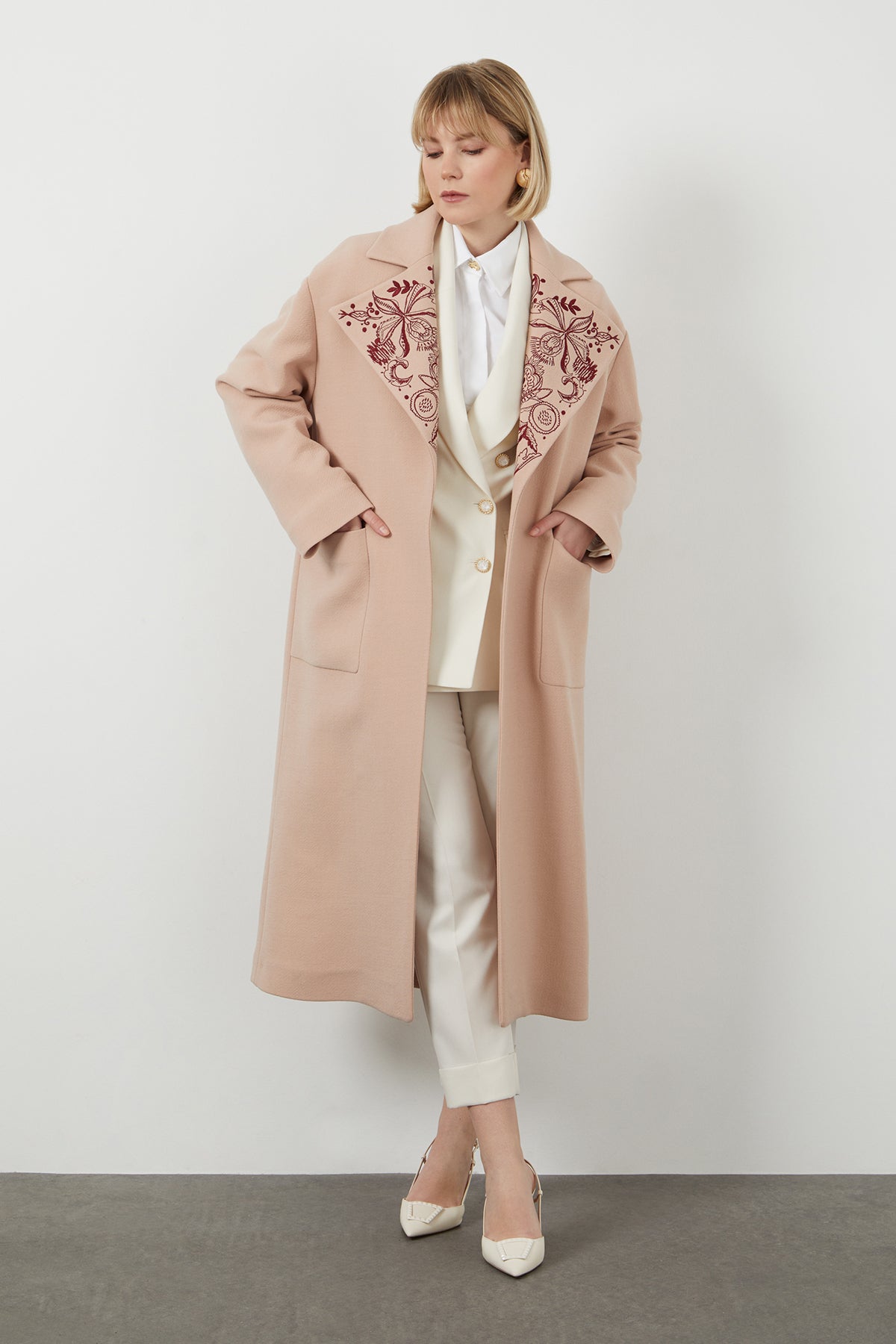 Embroidered Midi Wool Coat