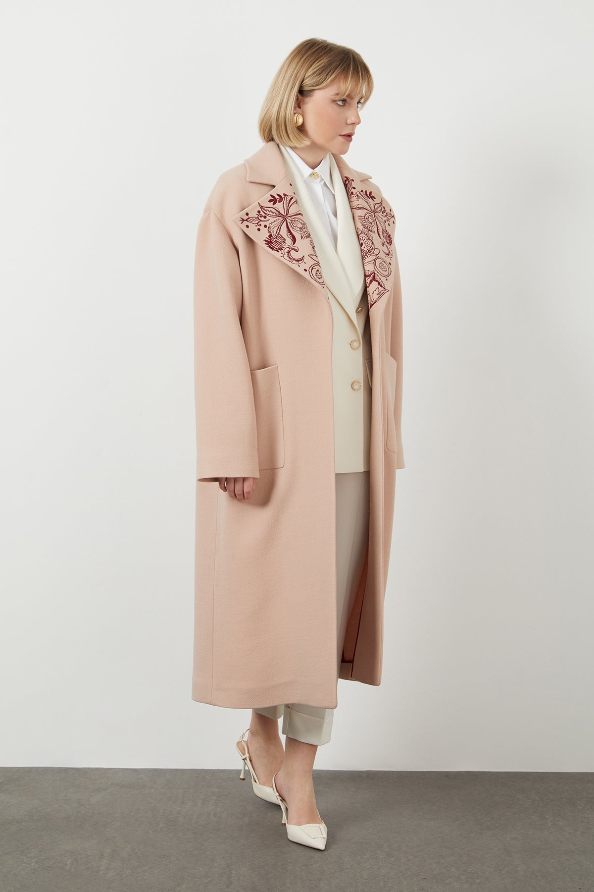 Embroidered Midi Wool Coat