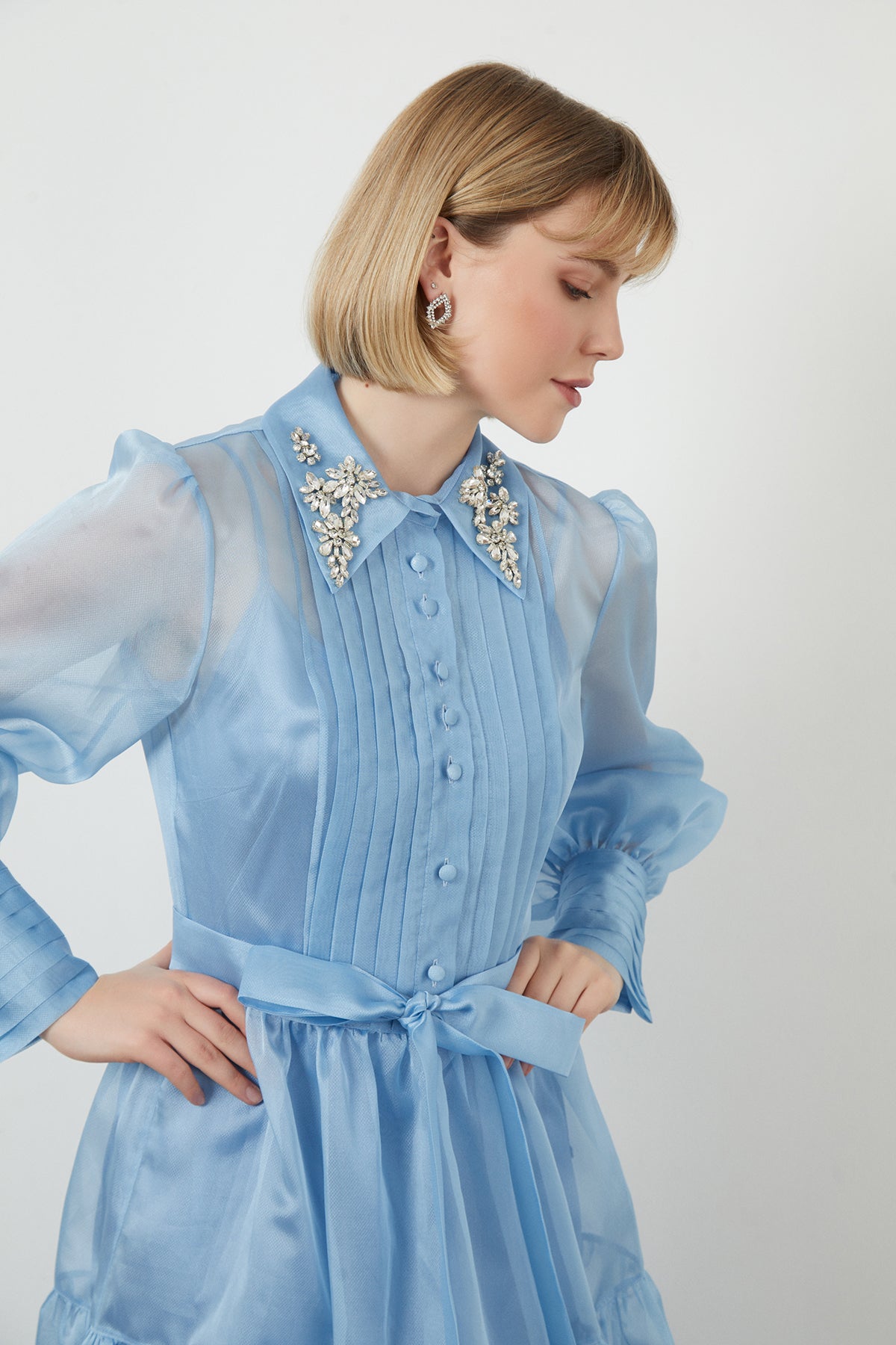 Blue Embroidered-Collar Button-Front Midi Dress
