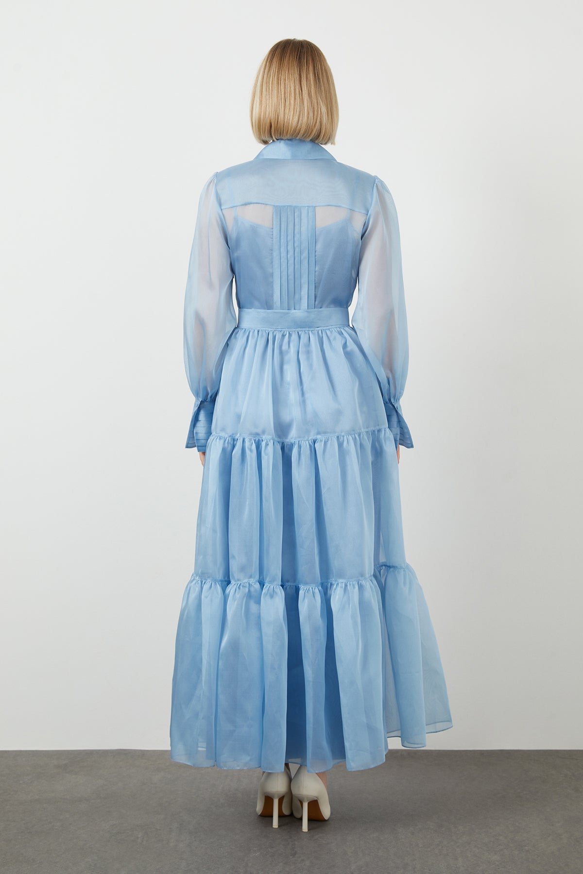 Blue Embroidered-Collar Button-Front Midi Dress