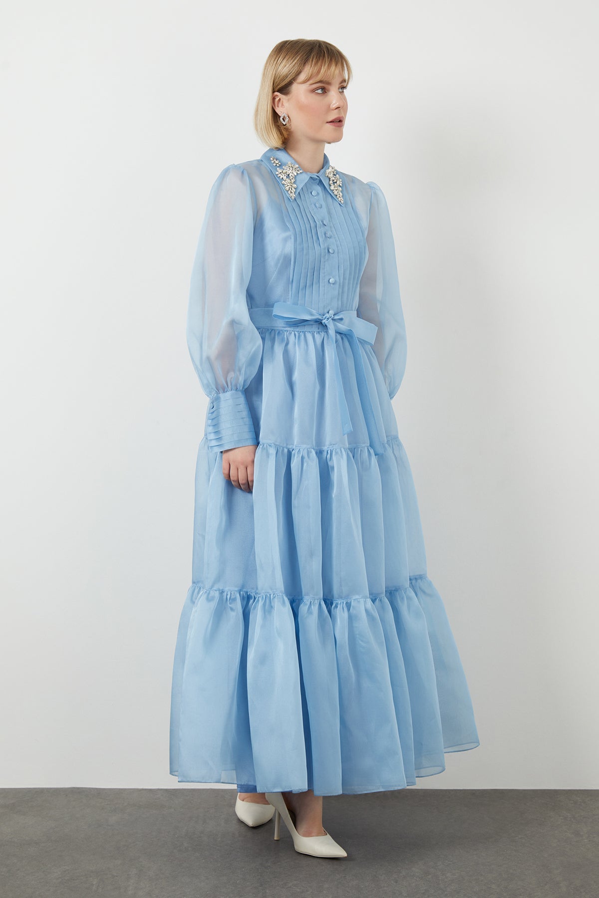 Blue Embroidered-Collar Button-Front Midi Dress