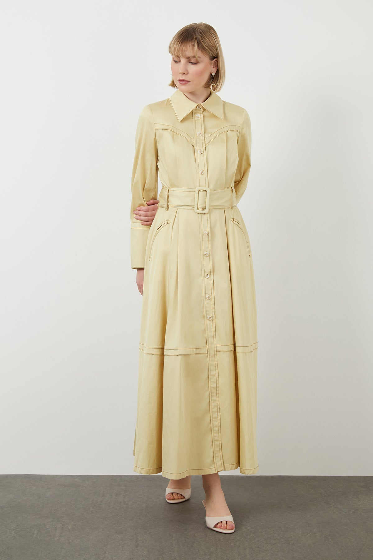 Ecru Sash-Detail Cotton Midi Dress