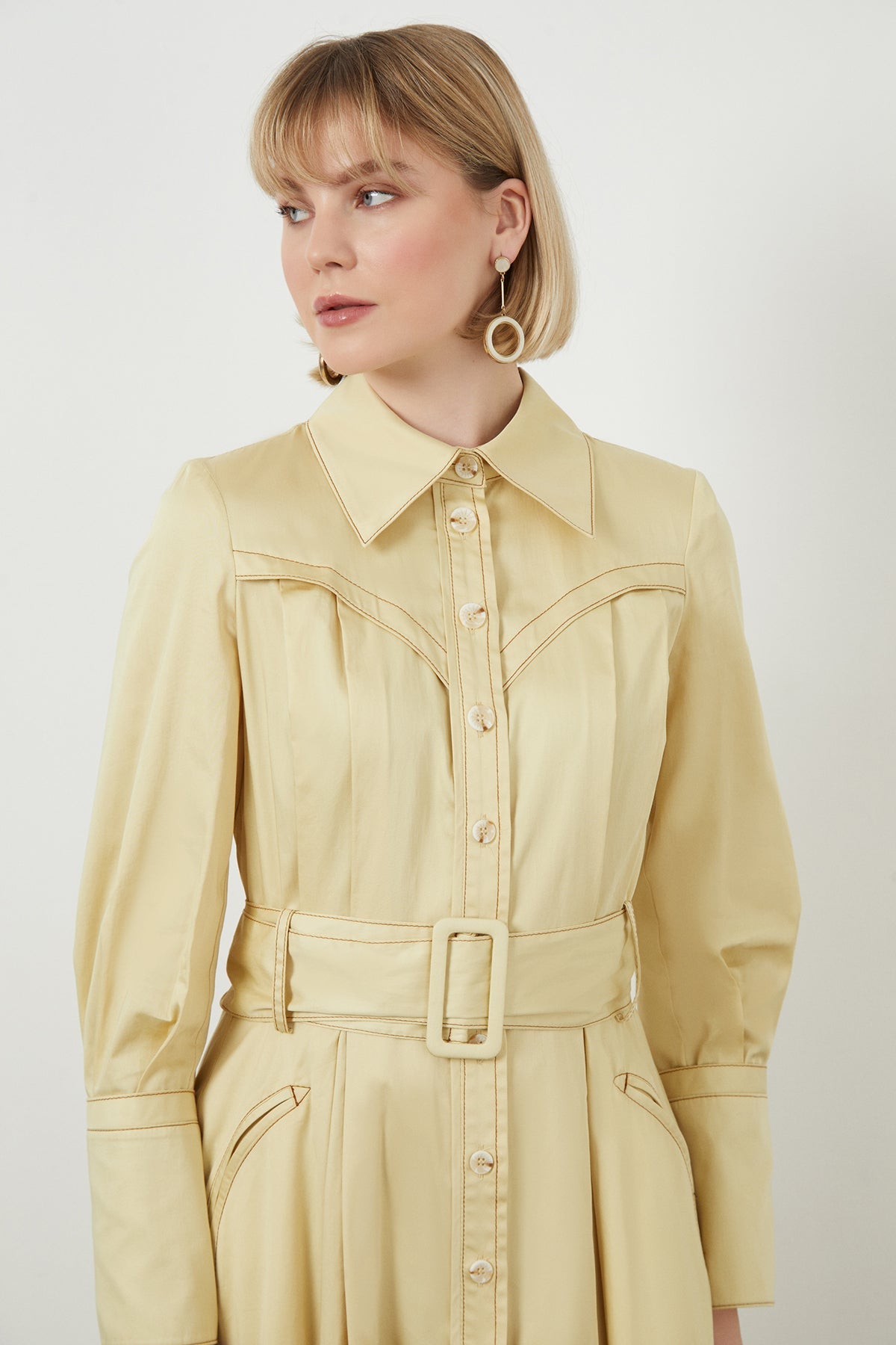 Ecru Sash-Detail Cotton Midi Dress