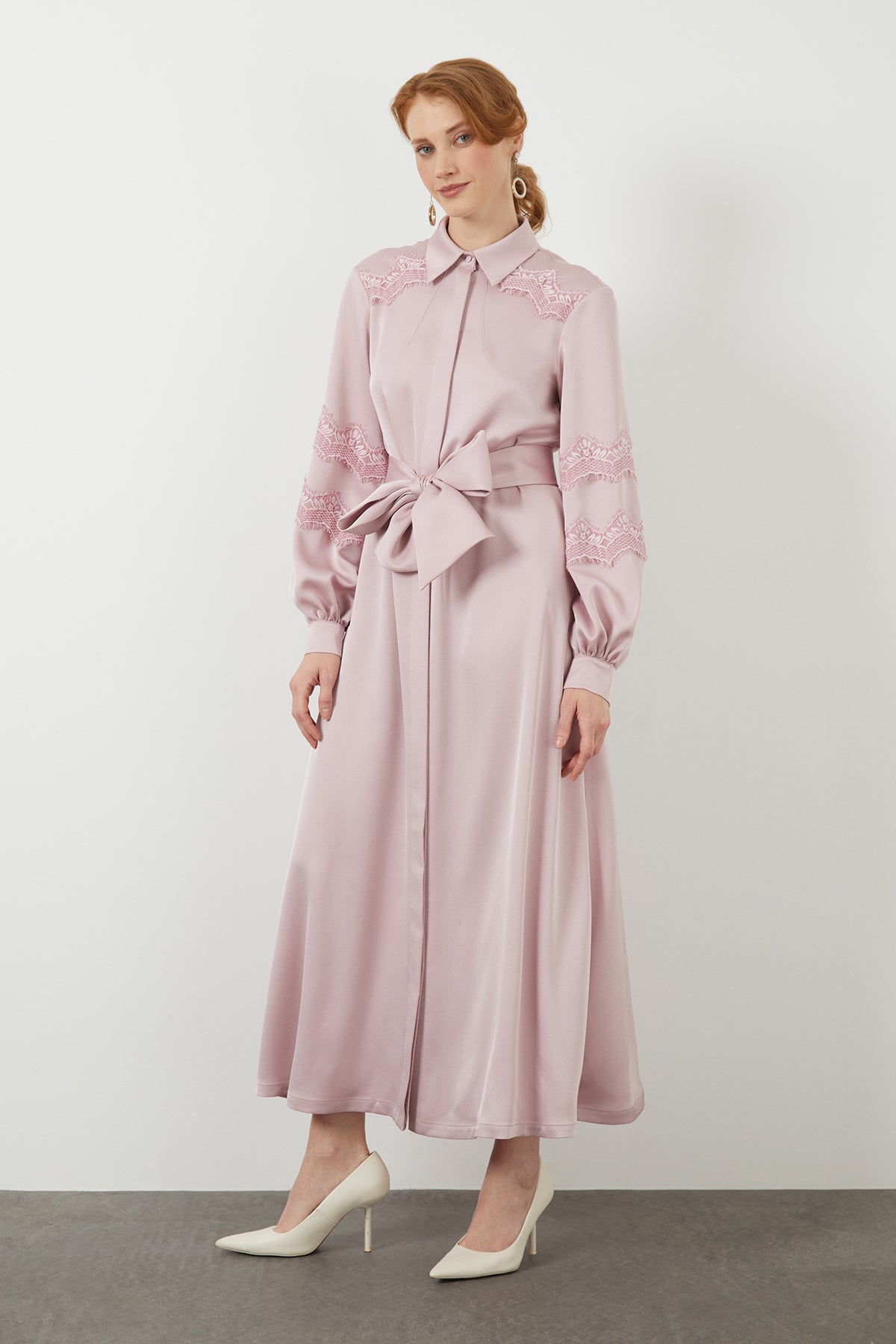 Pink Lace Sash-Detail Midi Dress