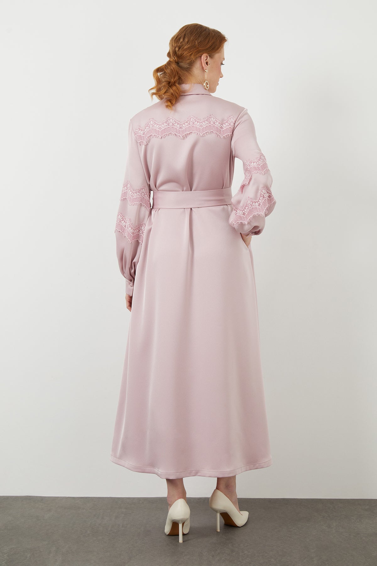 Pink Lace Sash-Detail Midi Dress