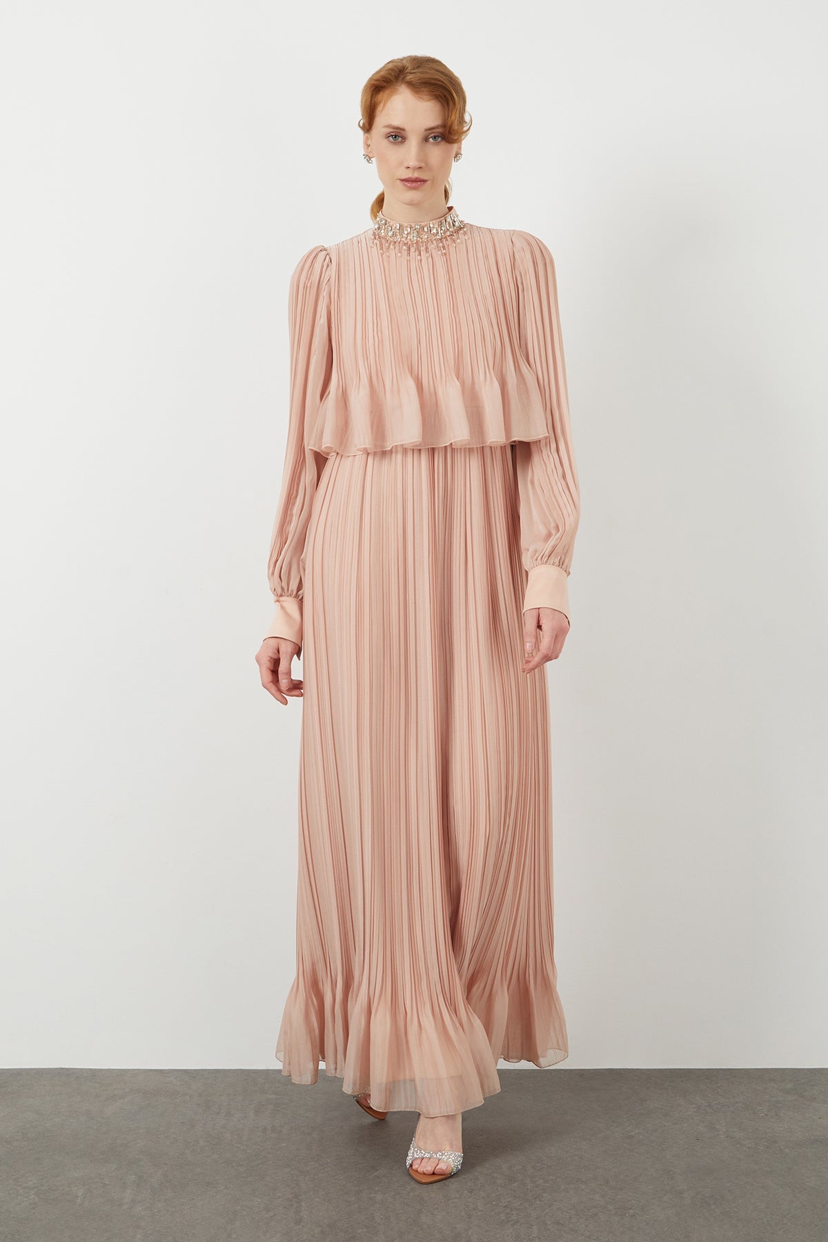 Pink Embroidered-Collar Maxi Dress