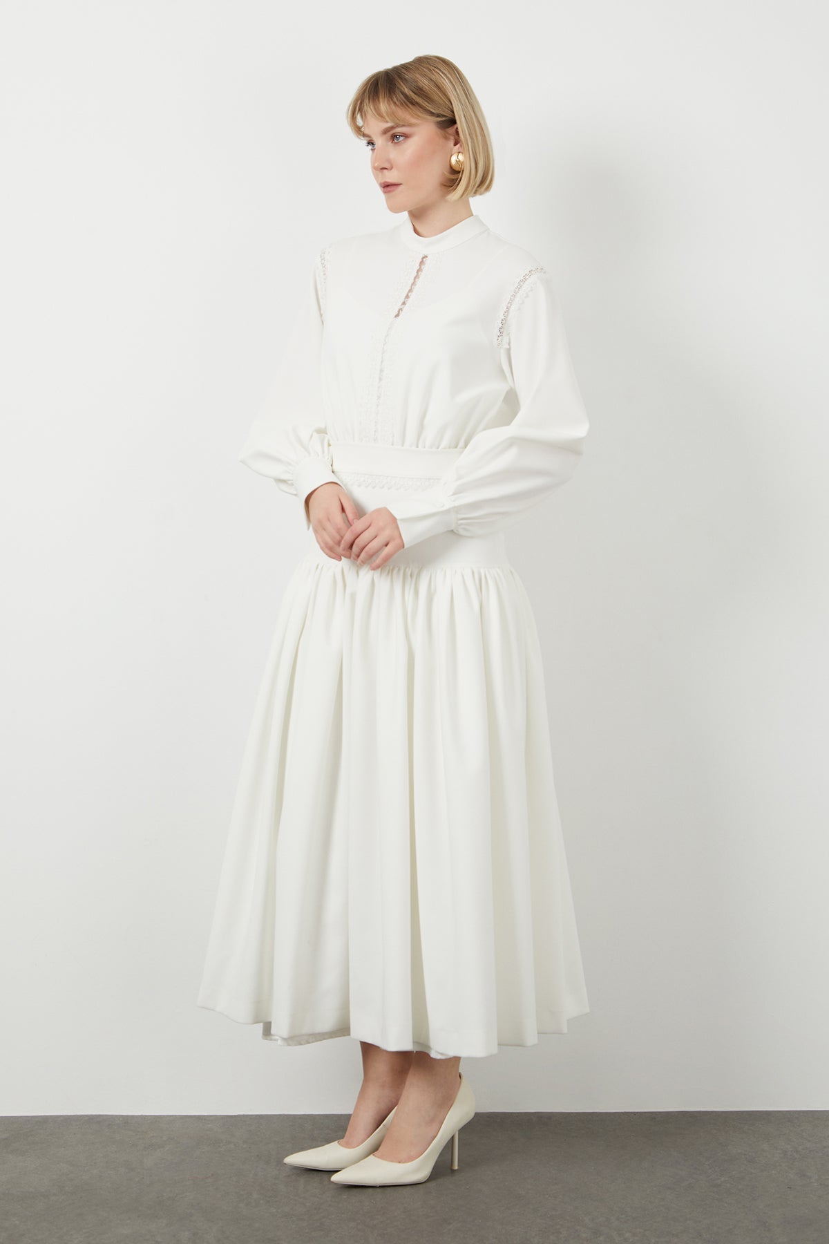 Ecru Stripe-Detail Midi Dress