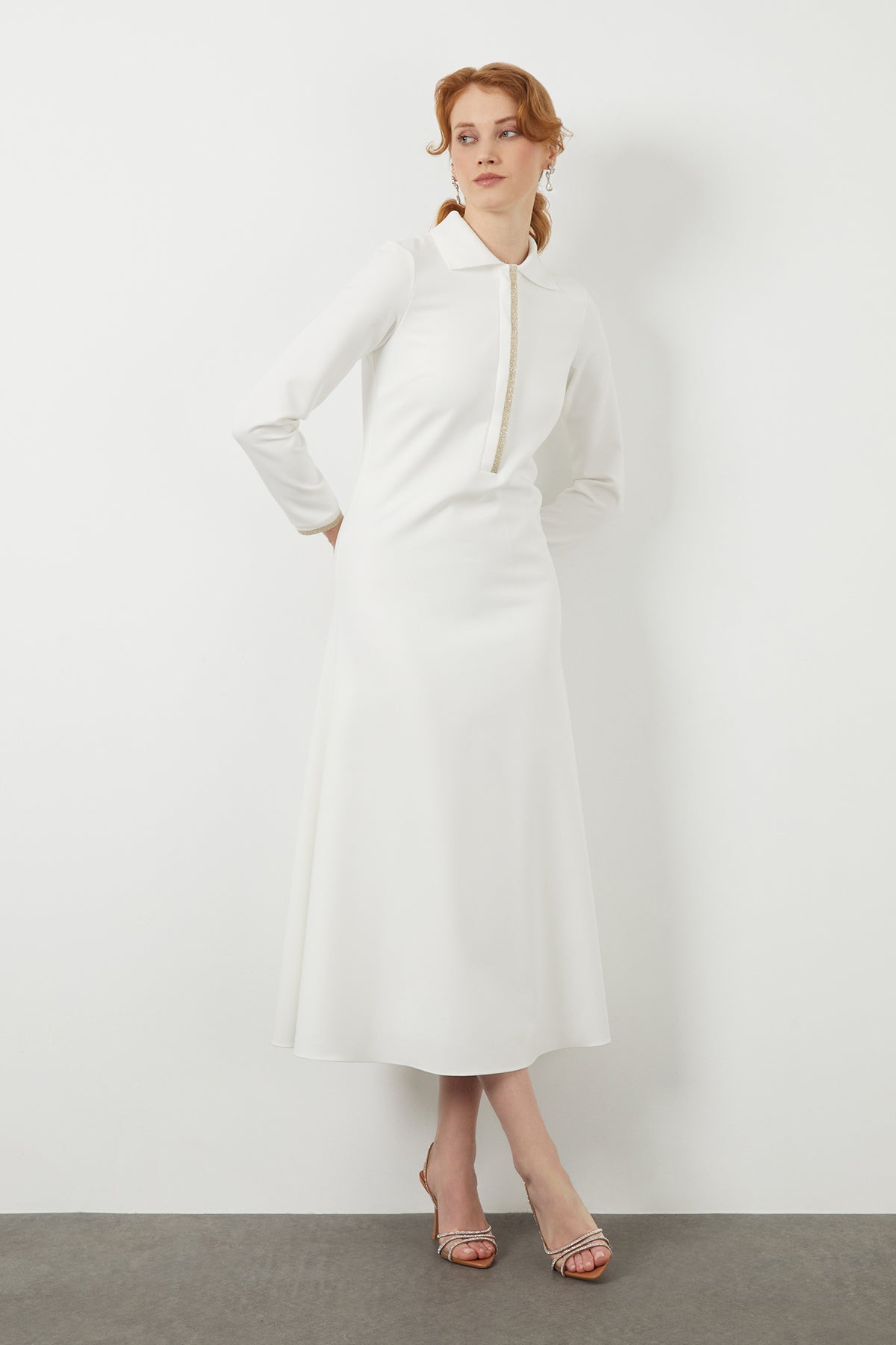 Ecru Long-Sleeve Midi Dress