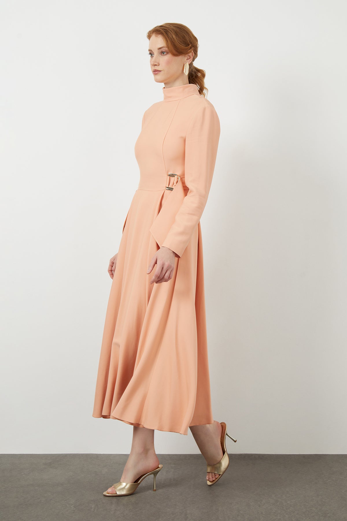 Orange Stand-Collar Midi Dress