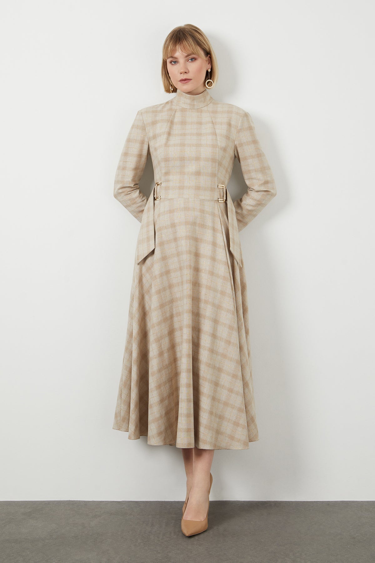 Beige Midi High Collar Dress