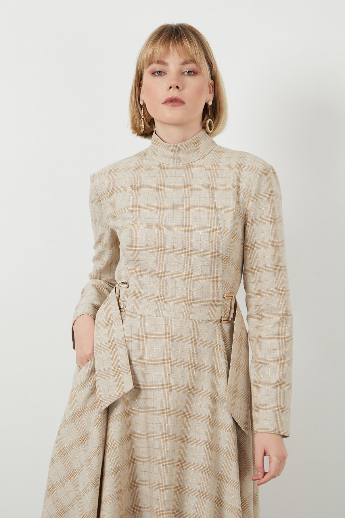 Beige Midi High Collar Dress