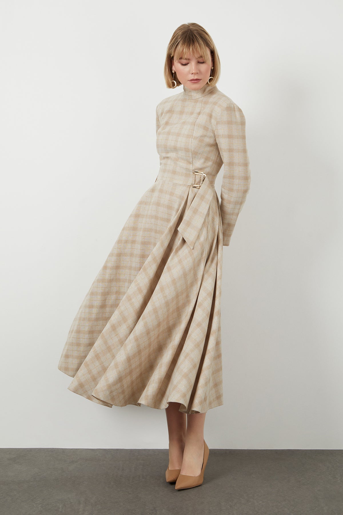 Beige Midi High Collar Dress