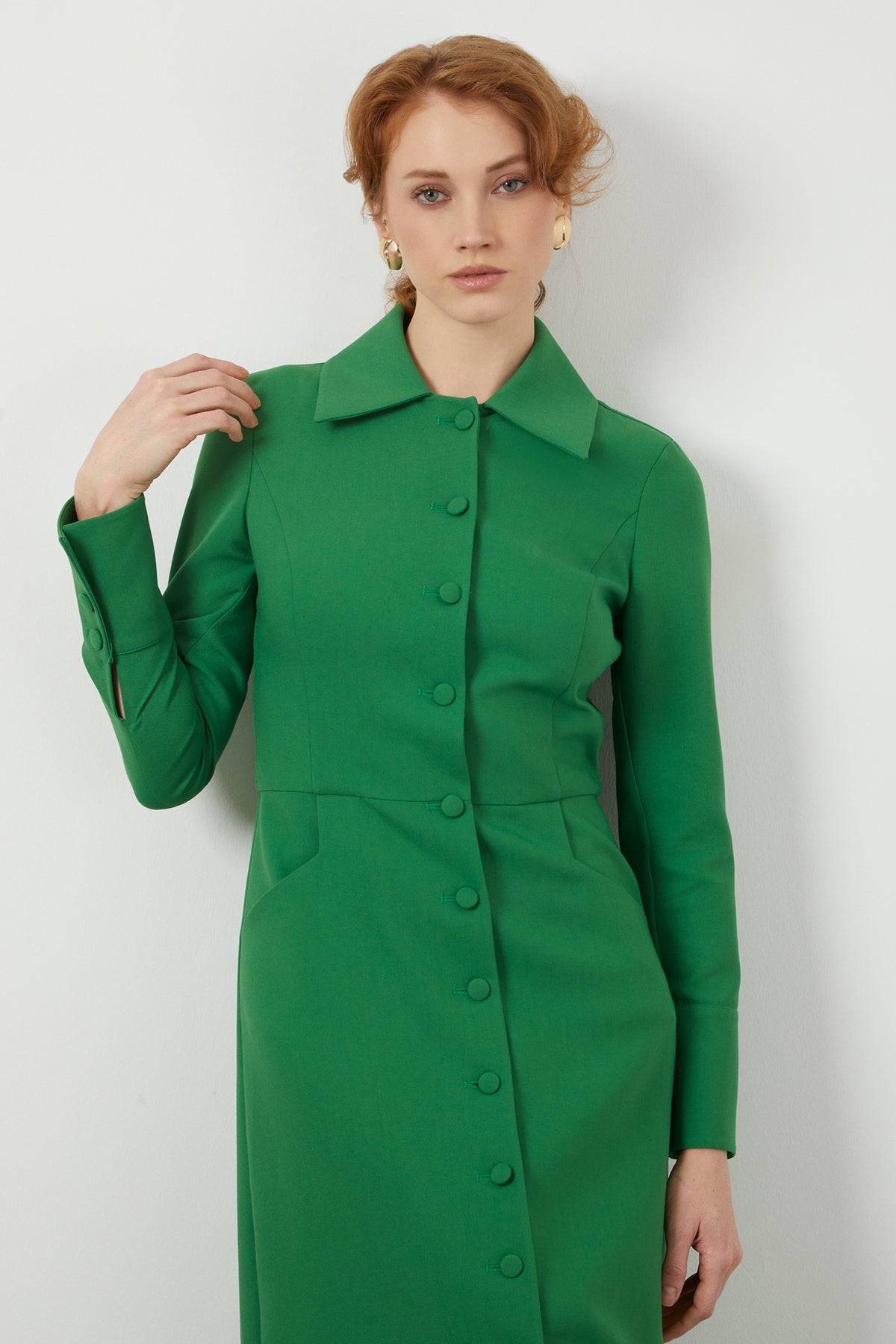 Green Button-Front Midi Dress