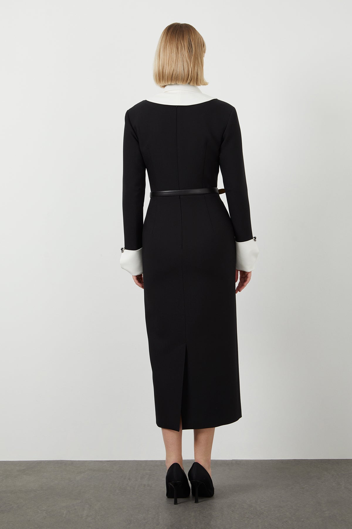 Black Embroidered-Collar Midi Dress