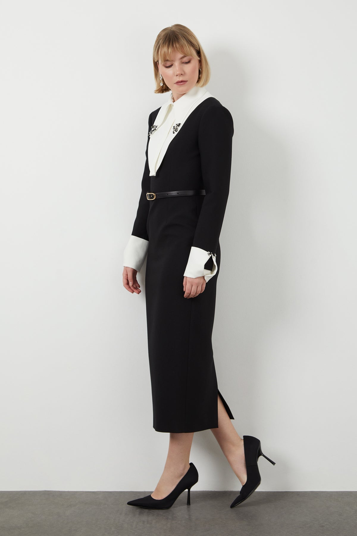 Black Embroidered-Collar Midi Dress