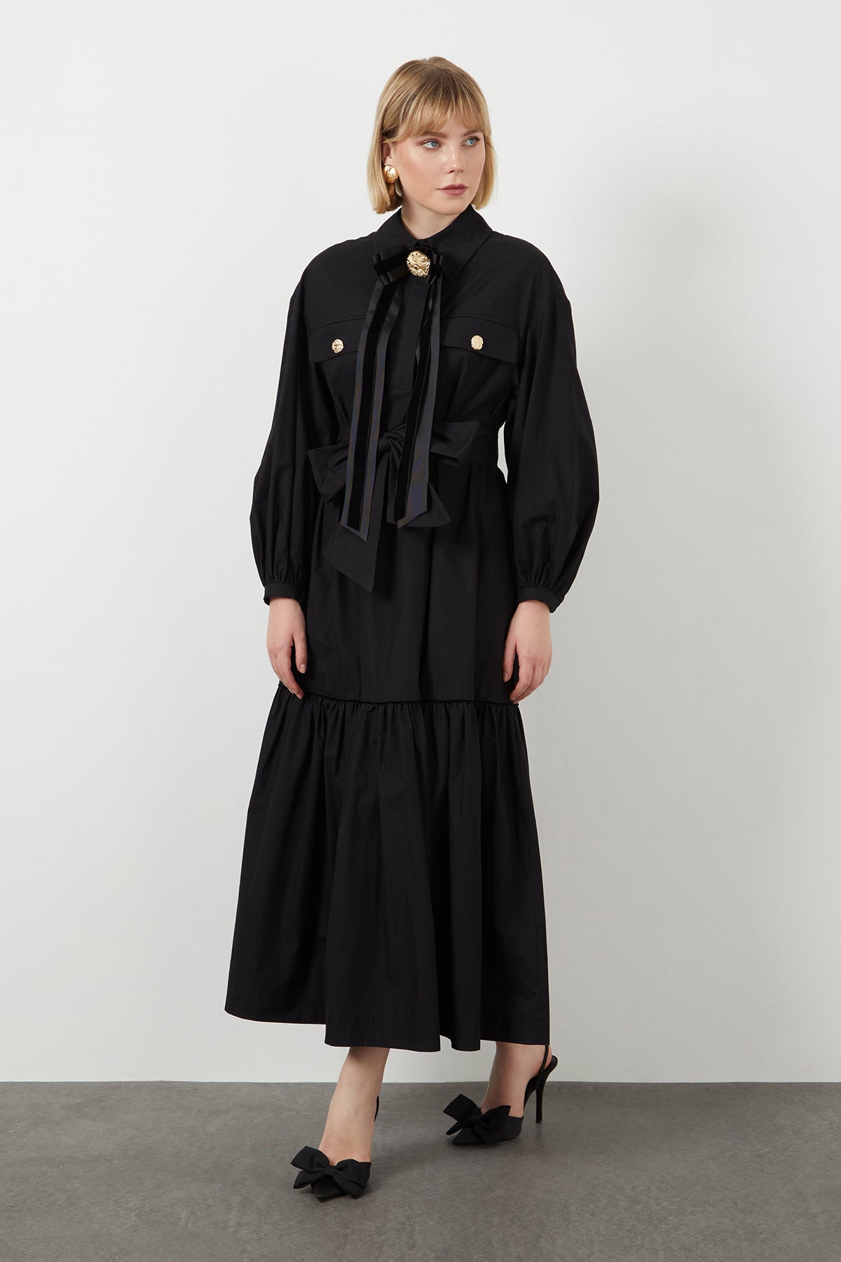 Black Button-Detail Midi Dress