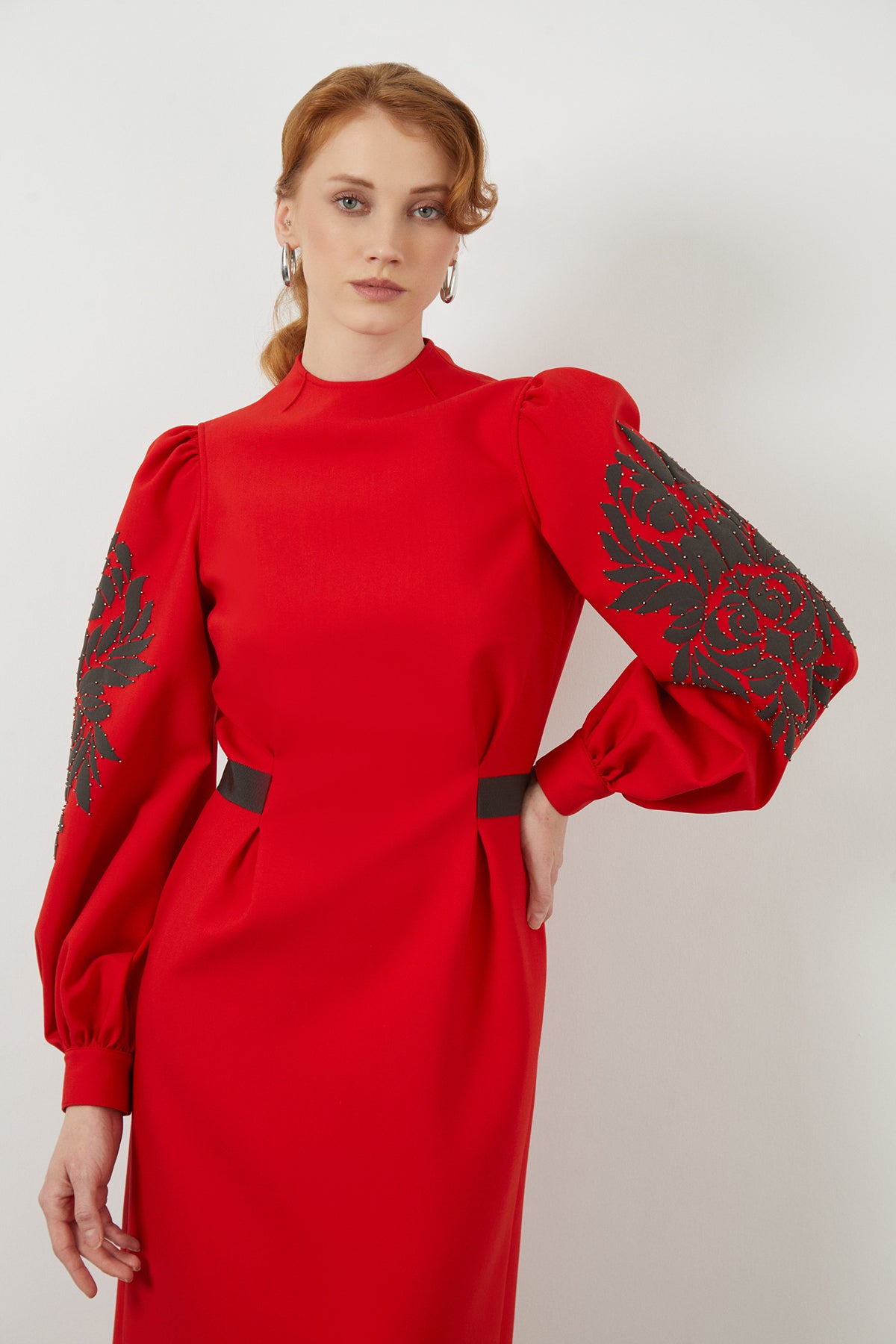 Red Long-Sleeved Embroidered Maxi Dress