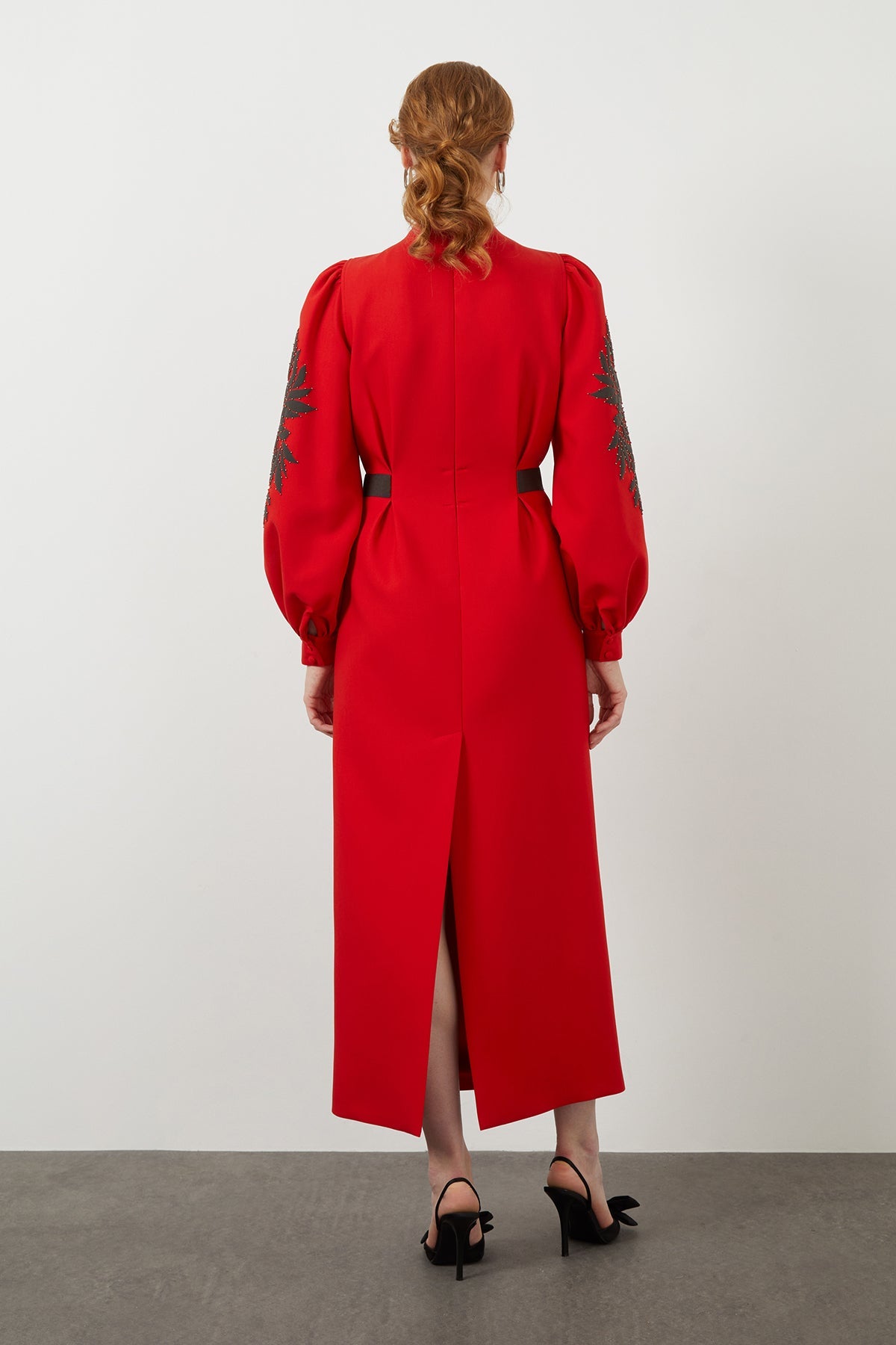 Red Long-Sleeved Embroidered Maxi Dress