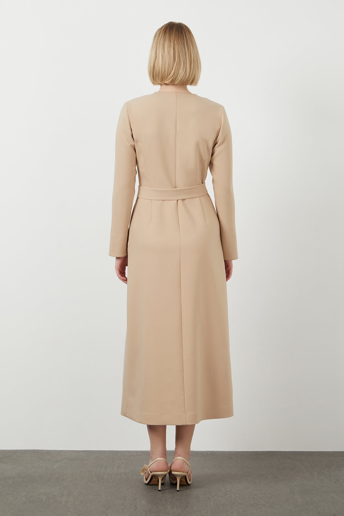 Beige Midi Belted Dress