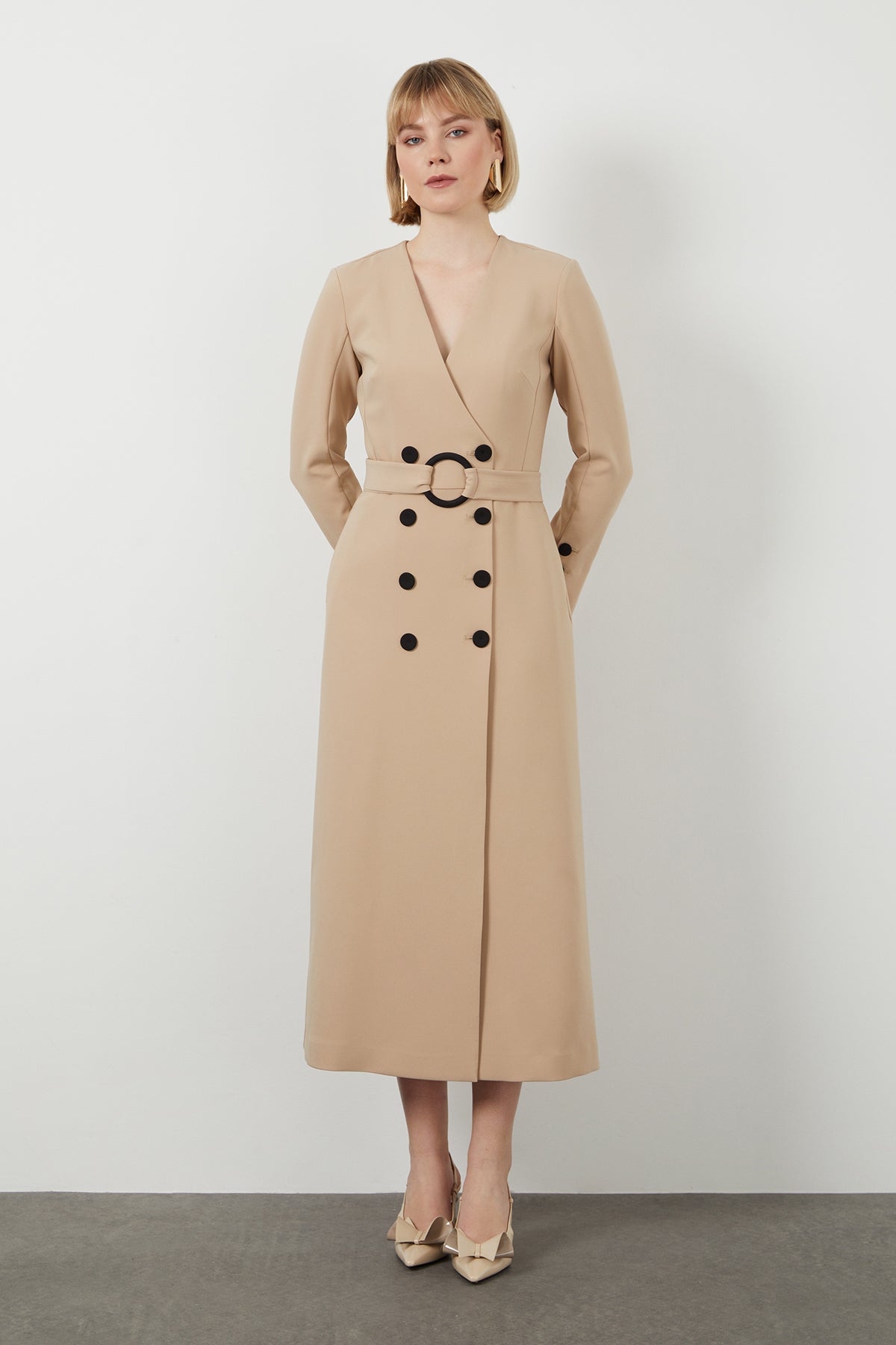 Beige Midi Belted Dress