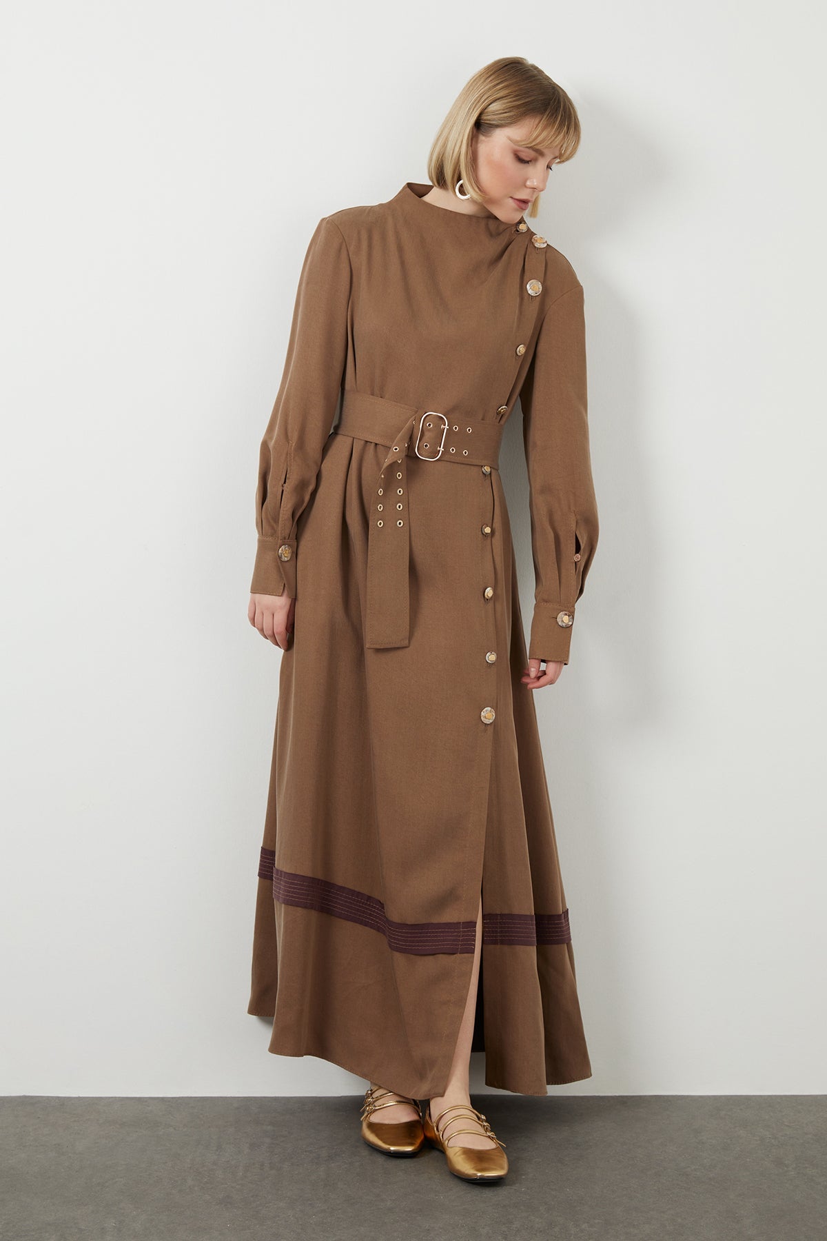 Brown Button-Detail Slit Maxi Dress