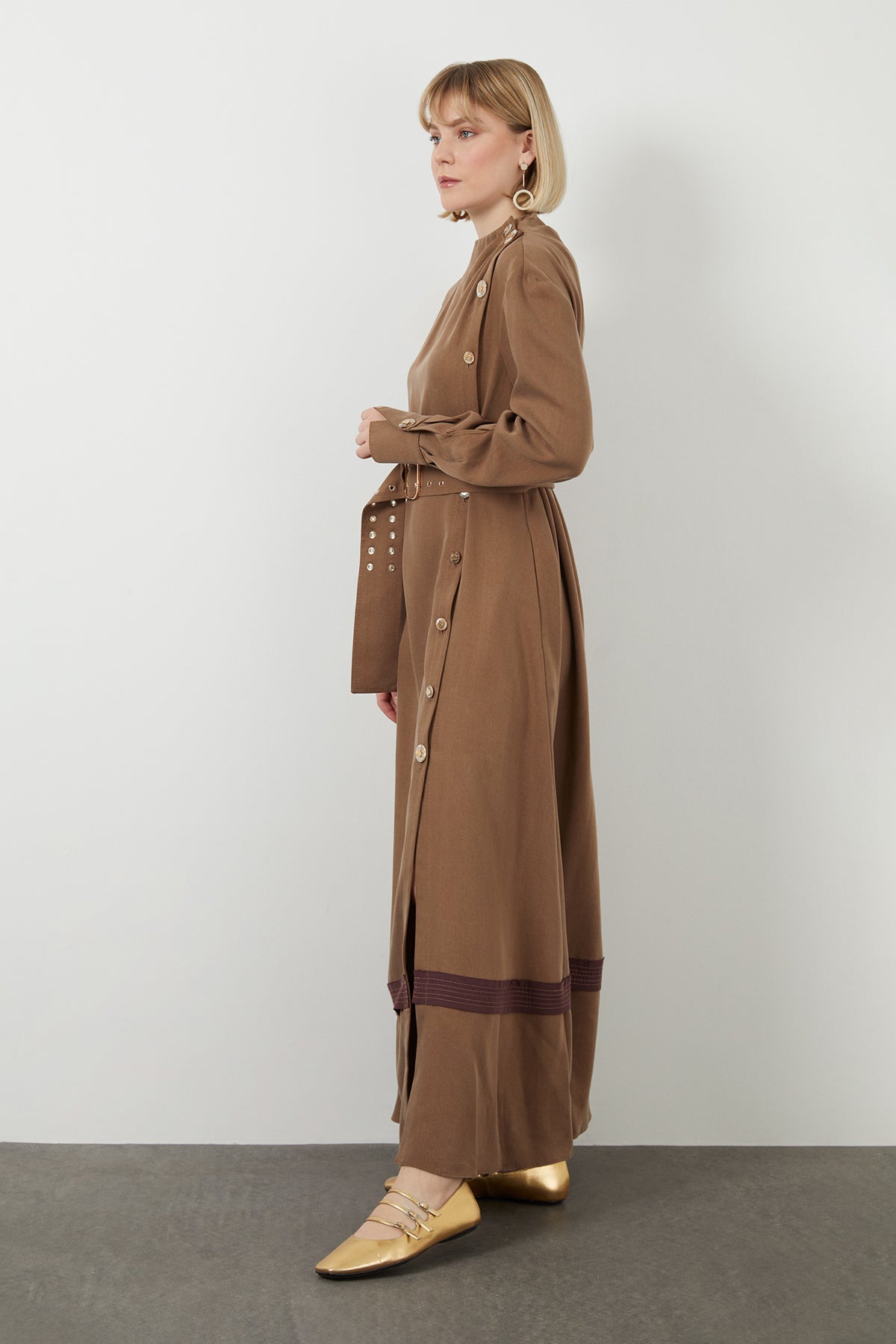 Brown Button-Detail Slit Maxi Dress
