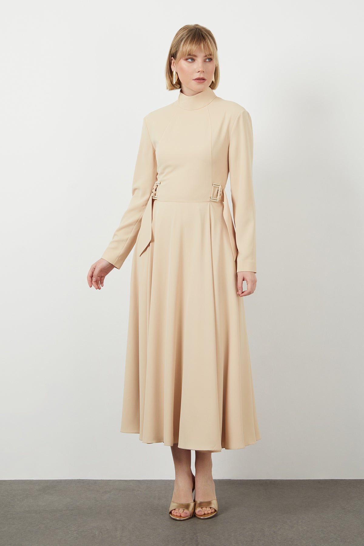Belted Turtleneck Long Sleeve  Midi Dress