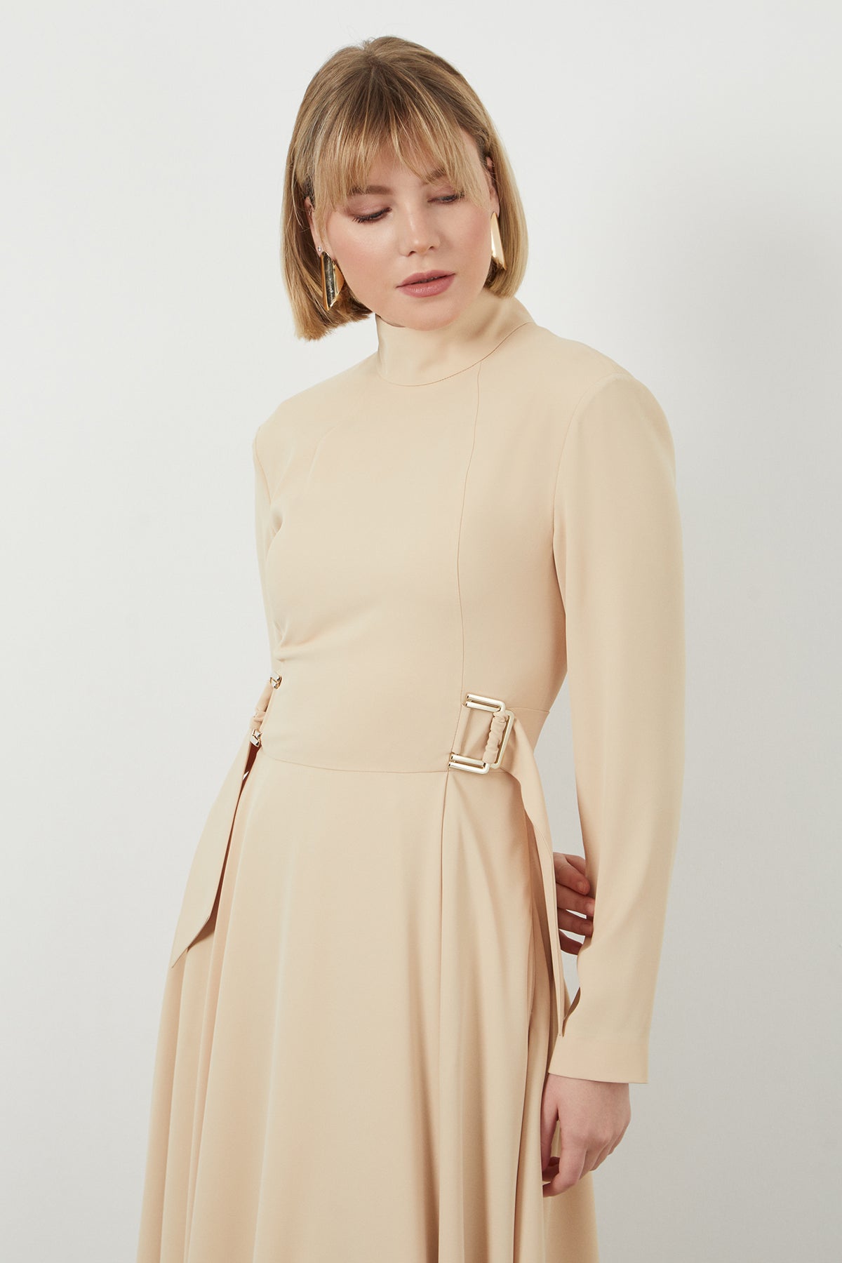 Belted Turtleneck Long Sleeve  Midi Dress