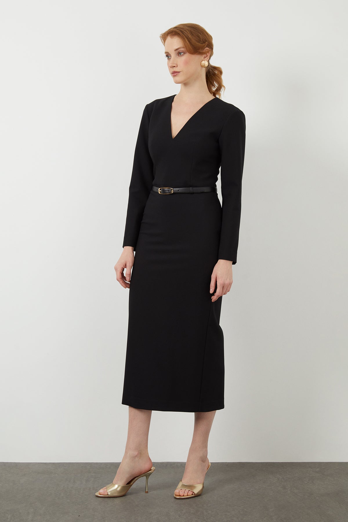 Black Midi V-Neck Dress