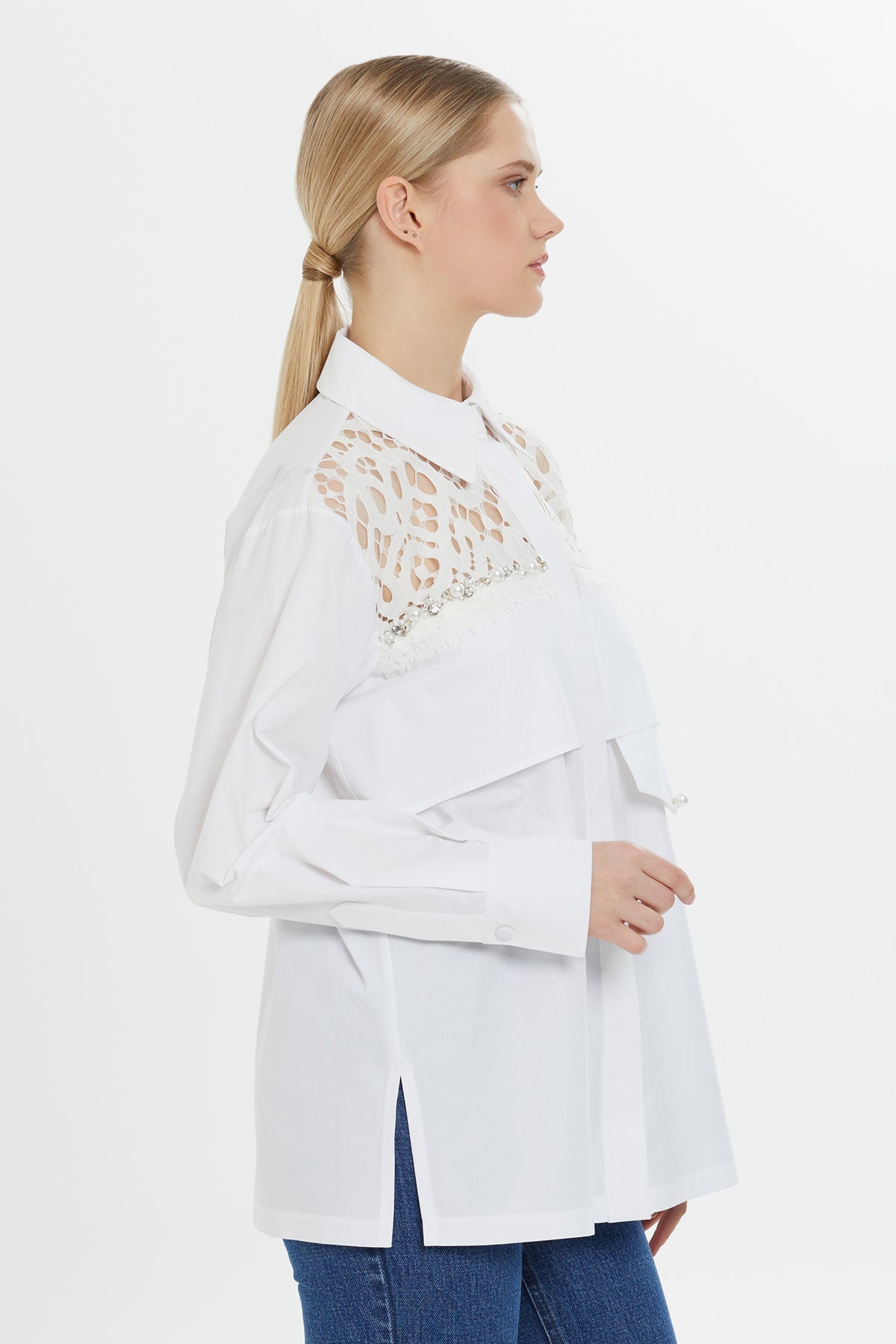 White Beaded Cotton Shirt