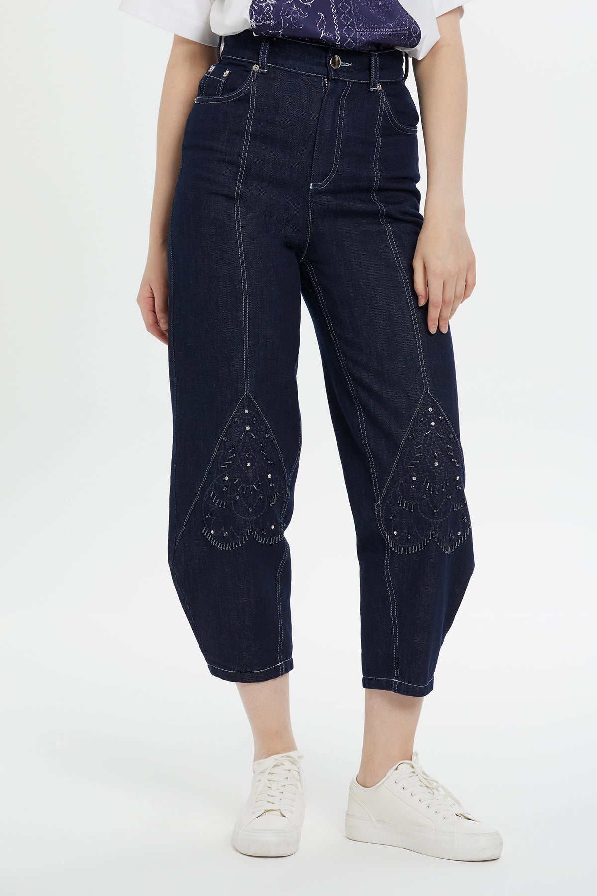 Beaded Embroidered Tapered Jeans