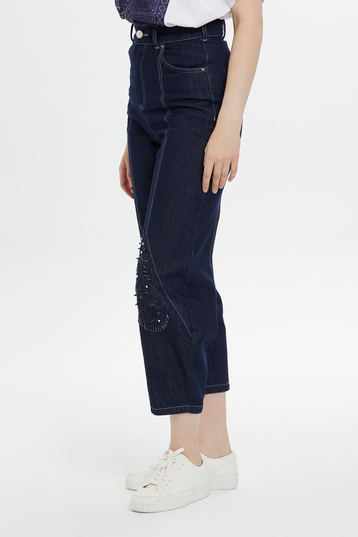 Beaded Embroidered Tapered Jeans