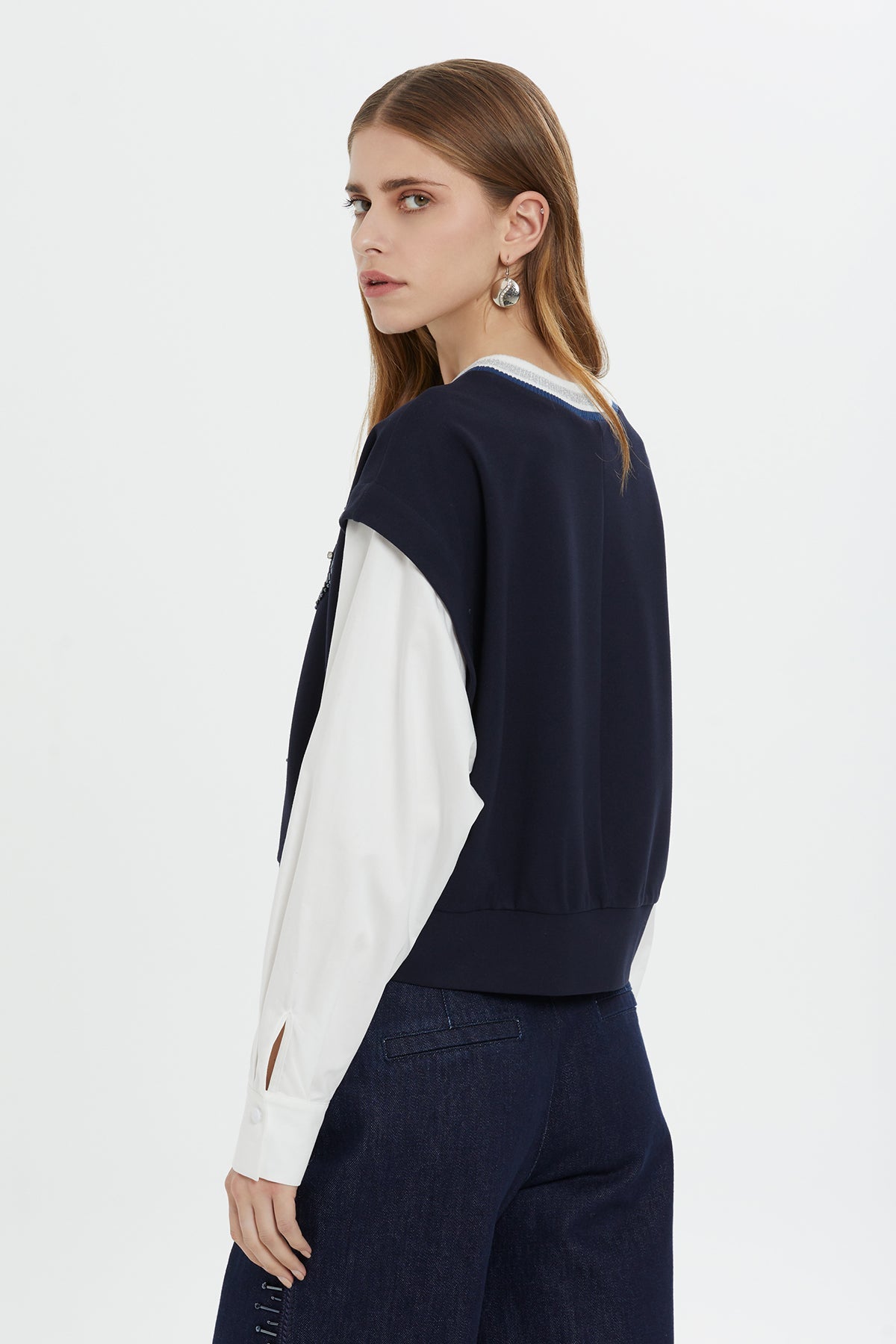 Navy Embroidered Chain-Stitch Long-Sleeve Blouse