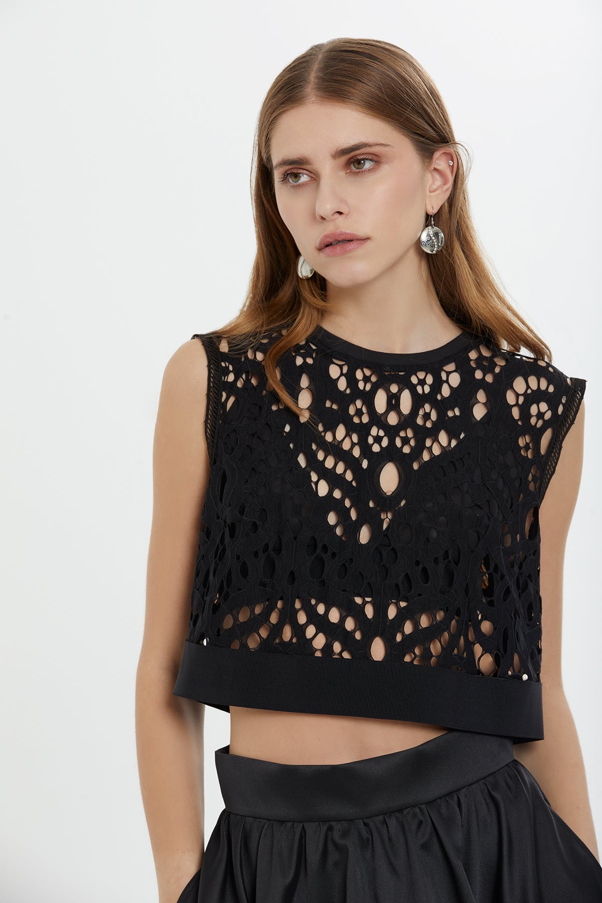 Black Elastic-Hem Lace Blouse with Bustier