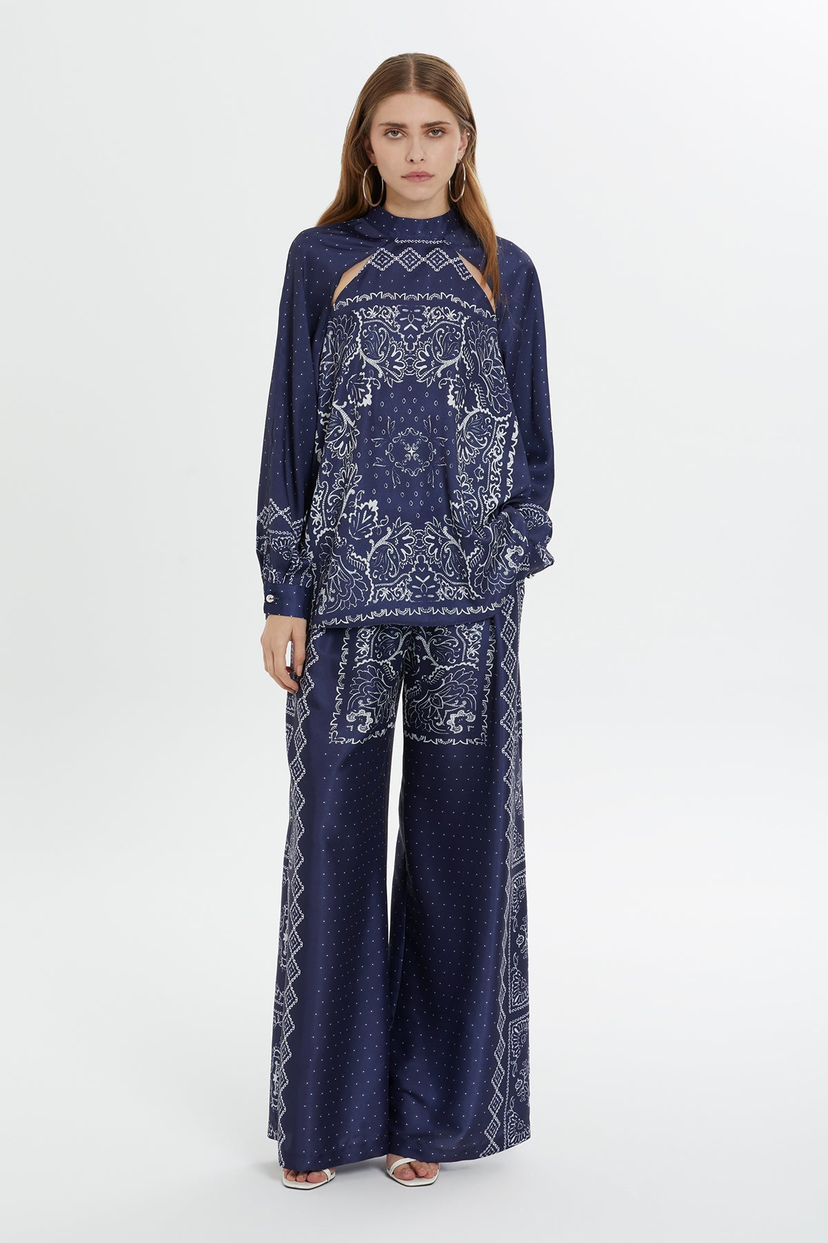 Navy Raglan-Sleeve Patterned Blouse