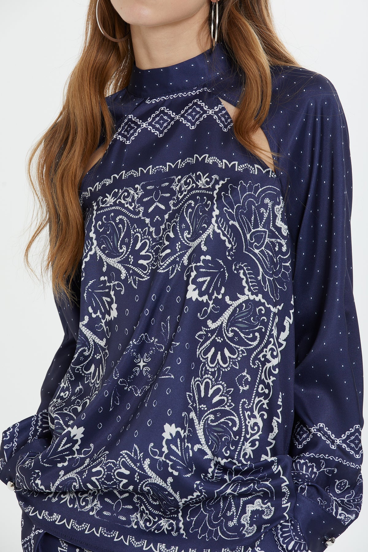 Navy Raglan-Sleeve Patterned Blouse