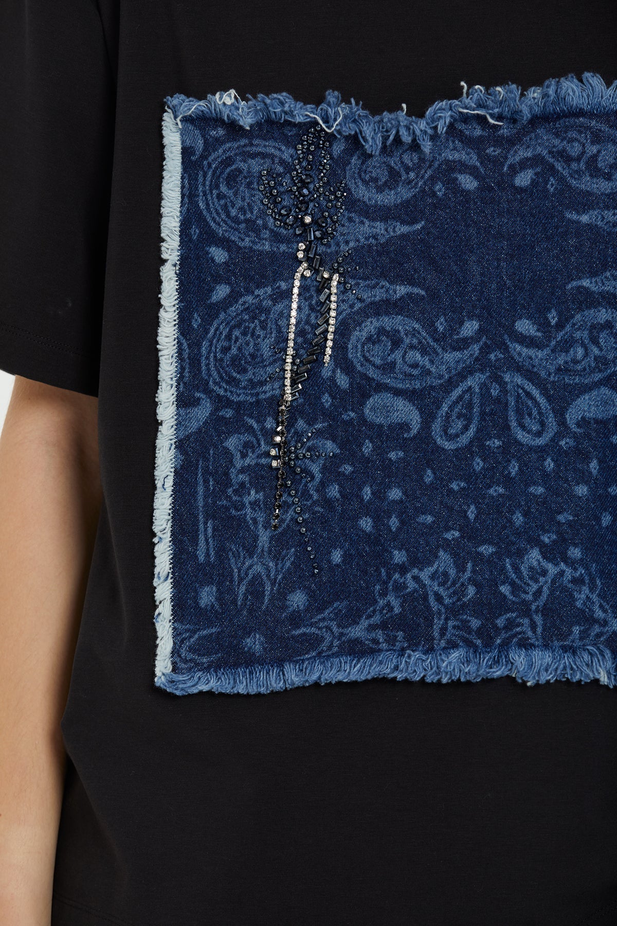 Black and Denim Detail T-Shirt