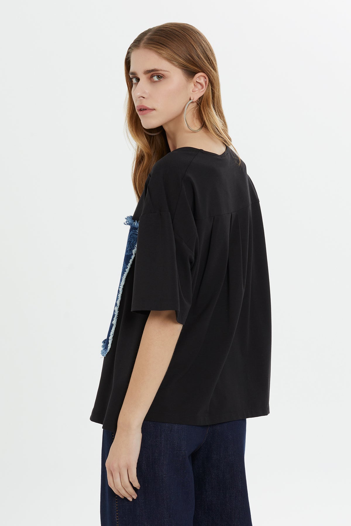 Black and Denim Detail T-Shirt