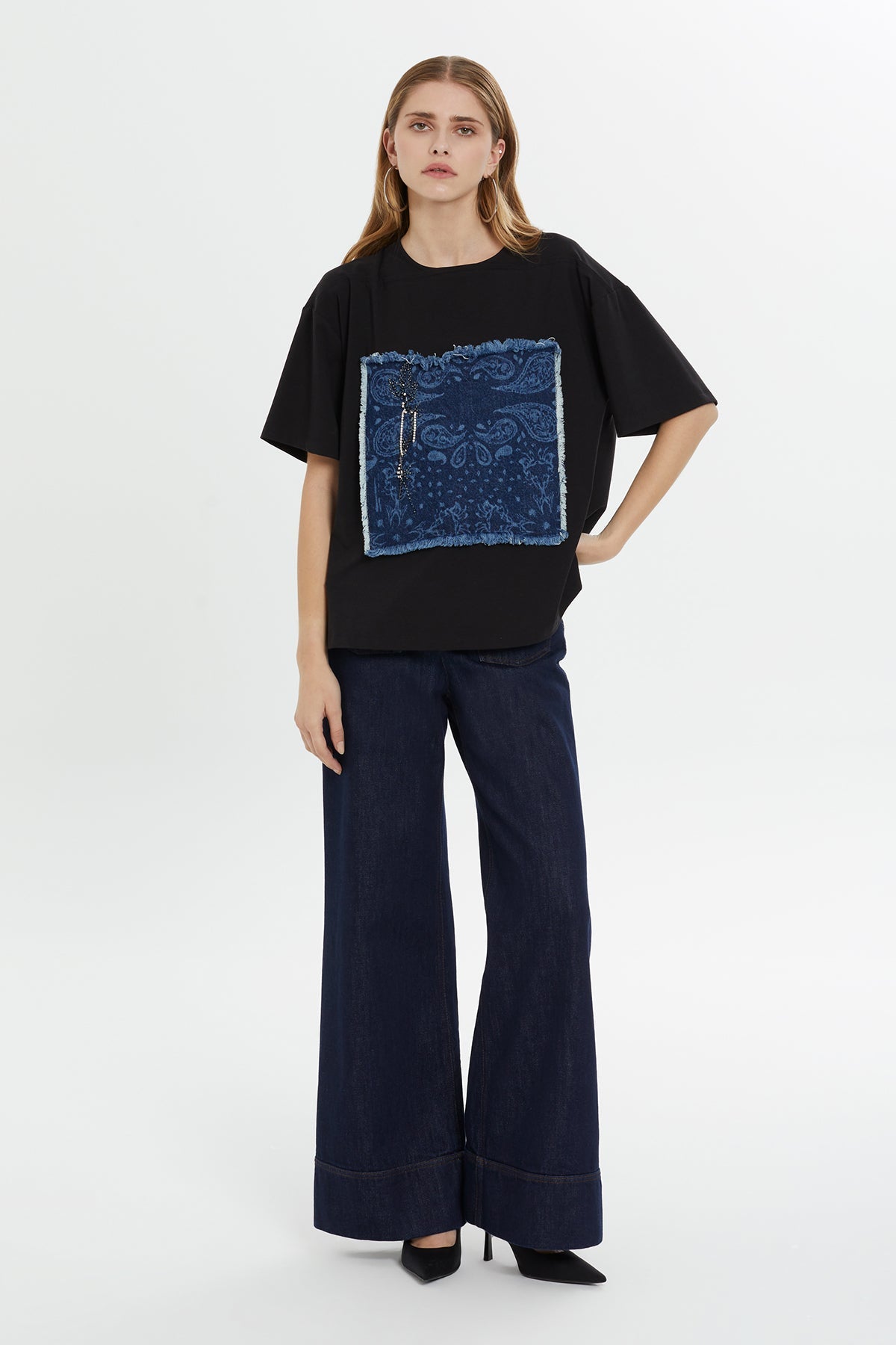 Black and Denim Detail T-Shirt