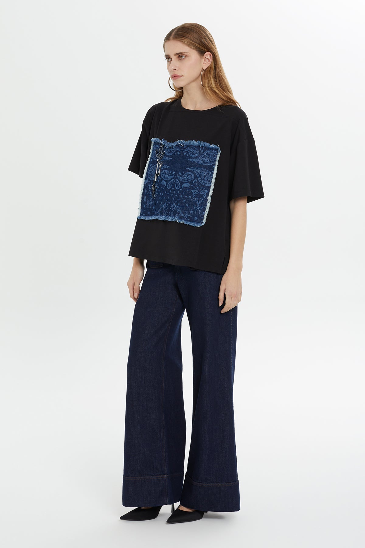 Black and Denim Detail T-Shirt