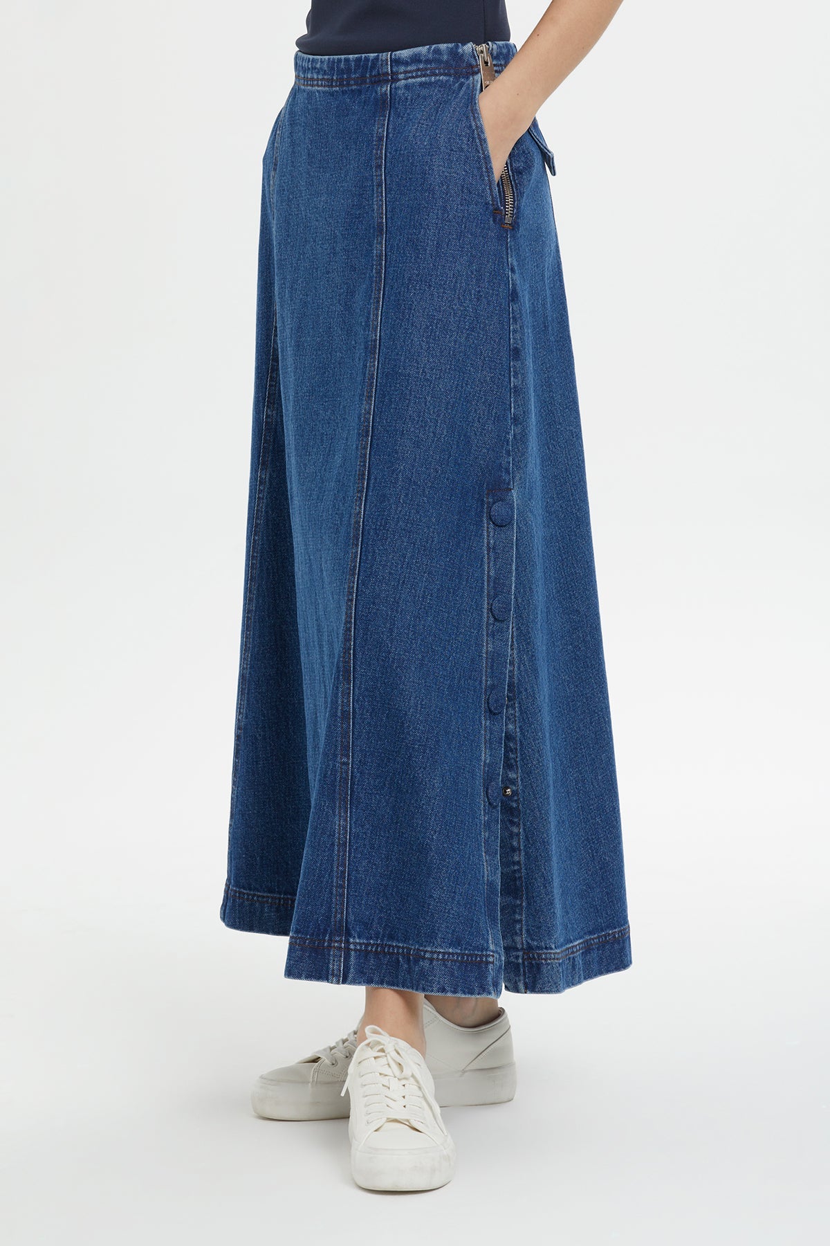Navy Pocketed Maxi Denim Skirt