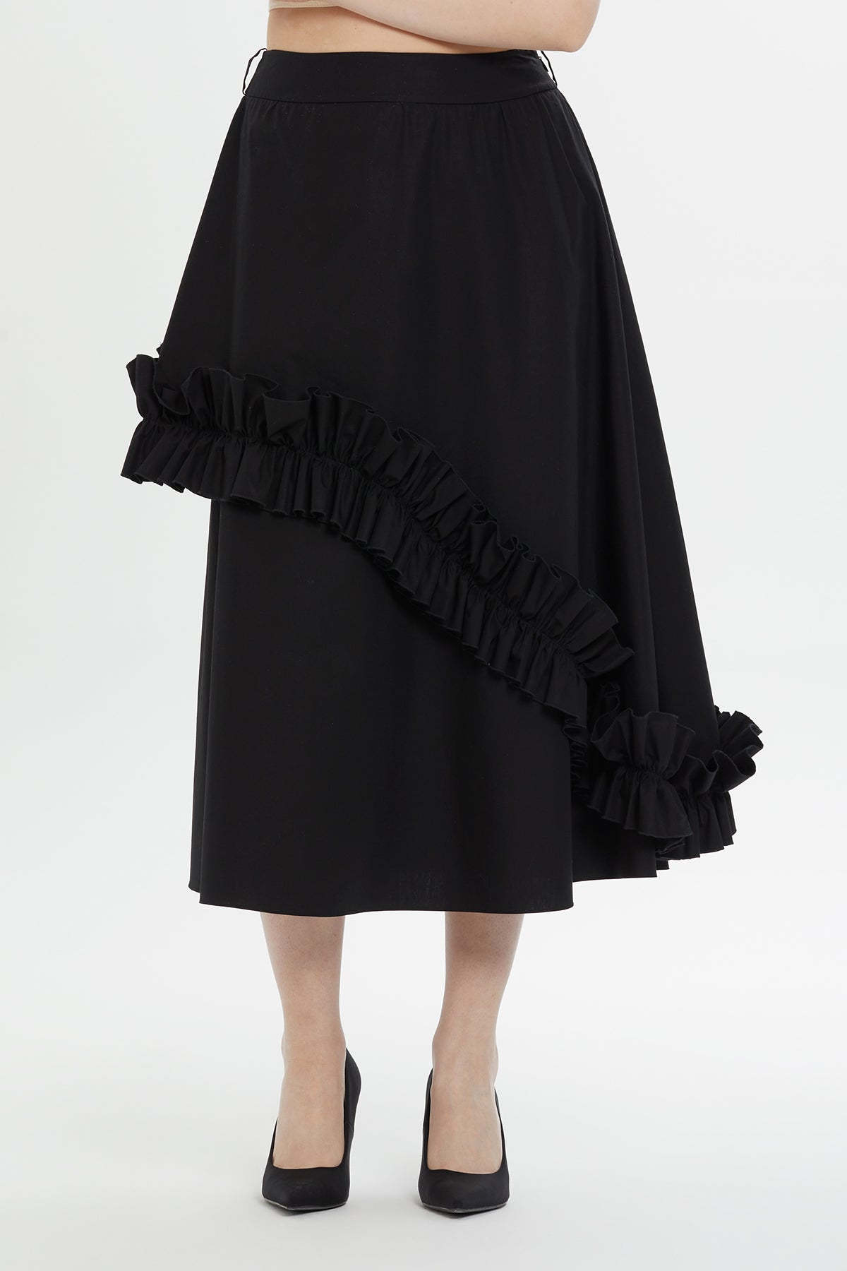 Asymmetric Ruffle Detail  Midi Skirt