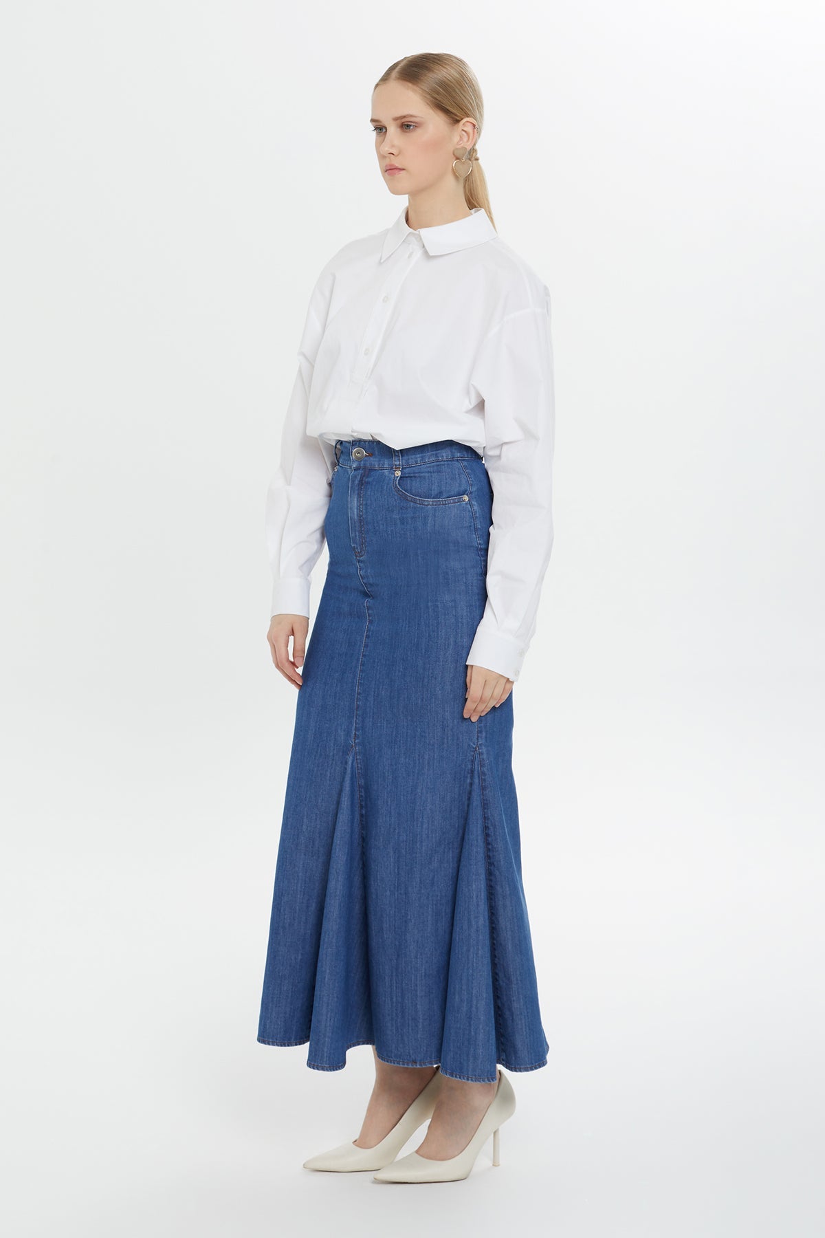 Navy High-Waist Maxi Denim Skirt
