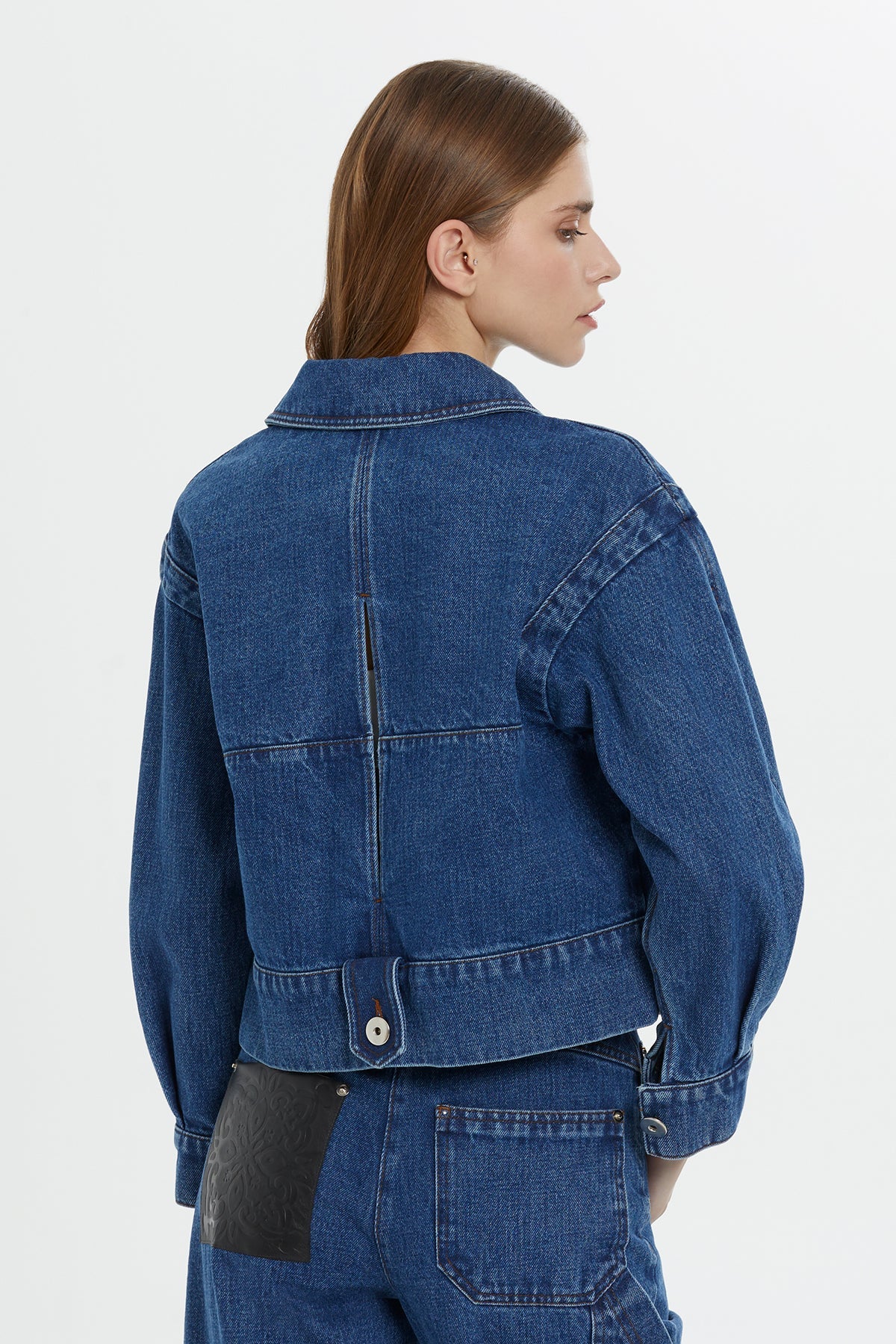 Leather-Detail Cropped Denim Jacket