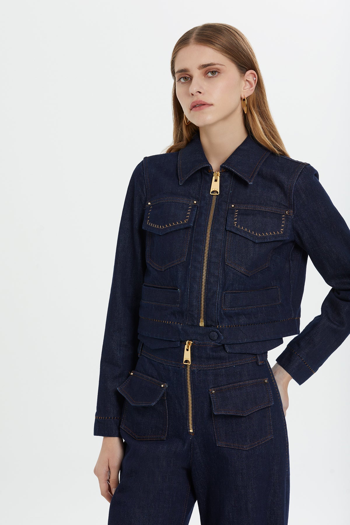 Stud-Detail Cropped Denim Jacket